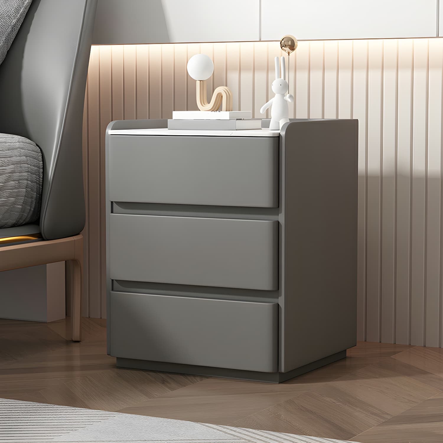 Modern Three Drawers Table Nightstand with Slate Countertop for Bedroom