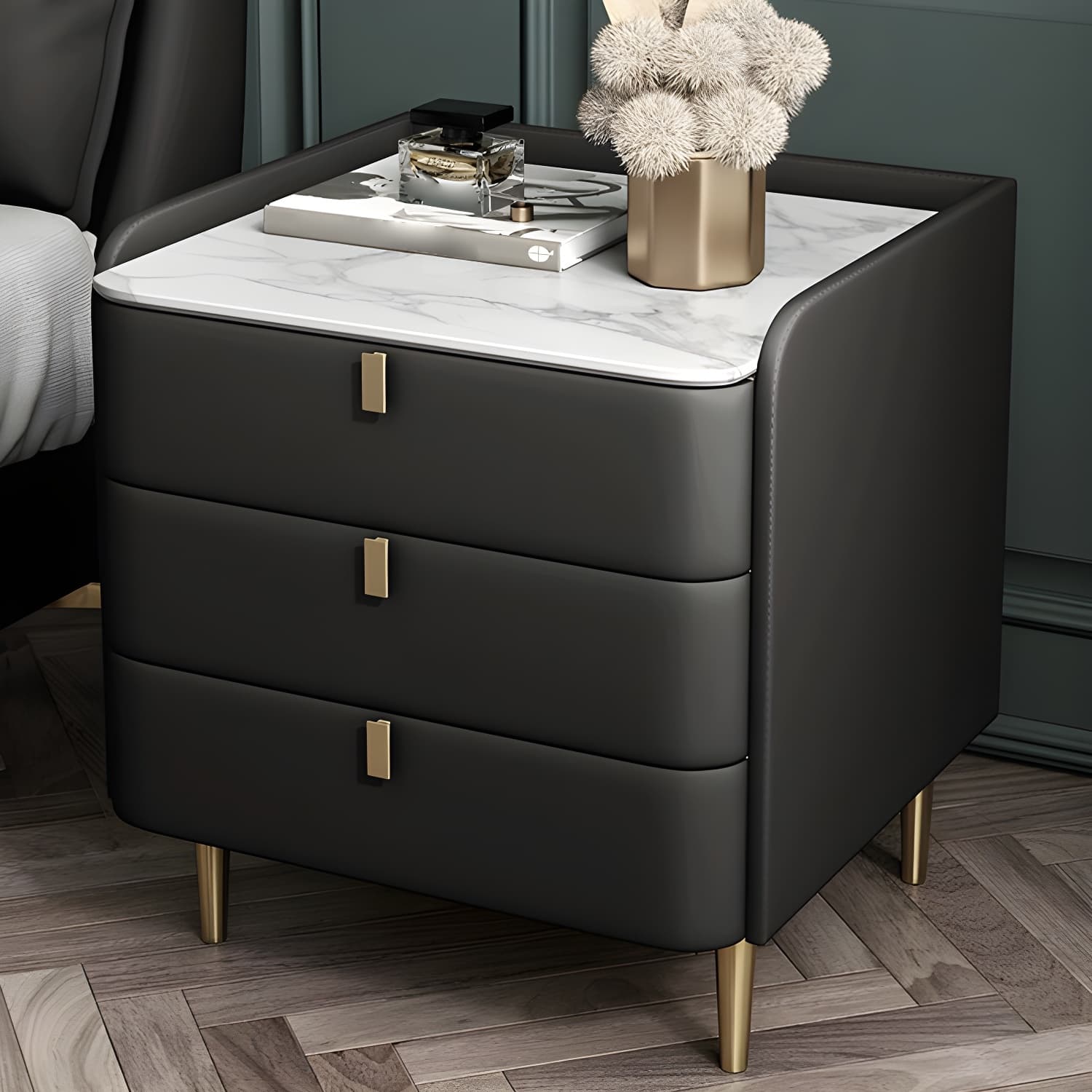 Stone Top Nightstand 3-drawer Leather Night Table with 4 Legs