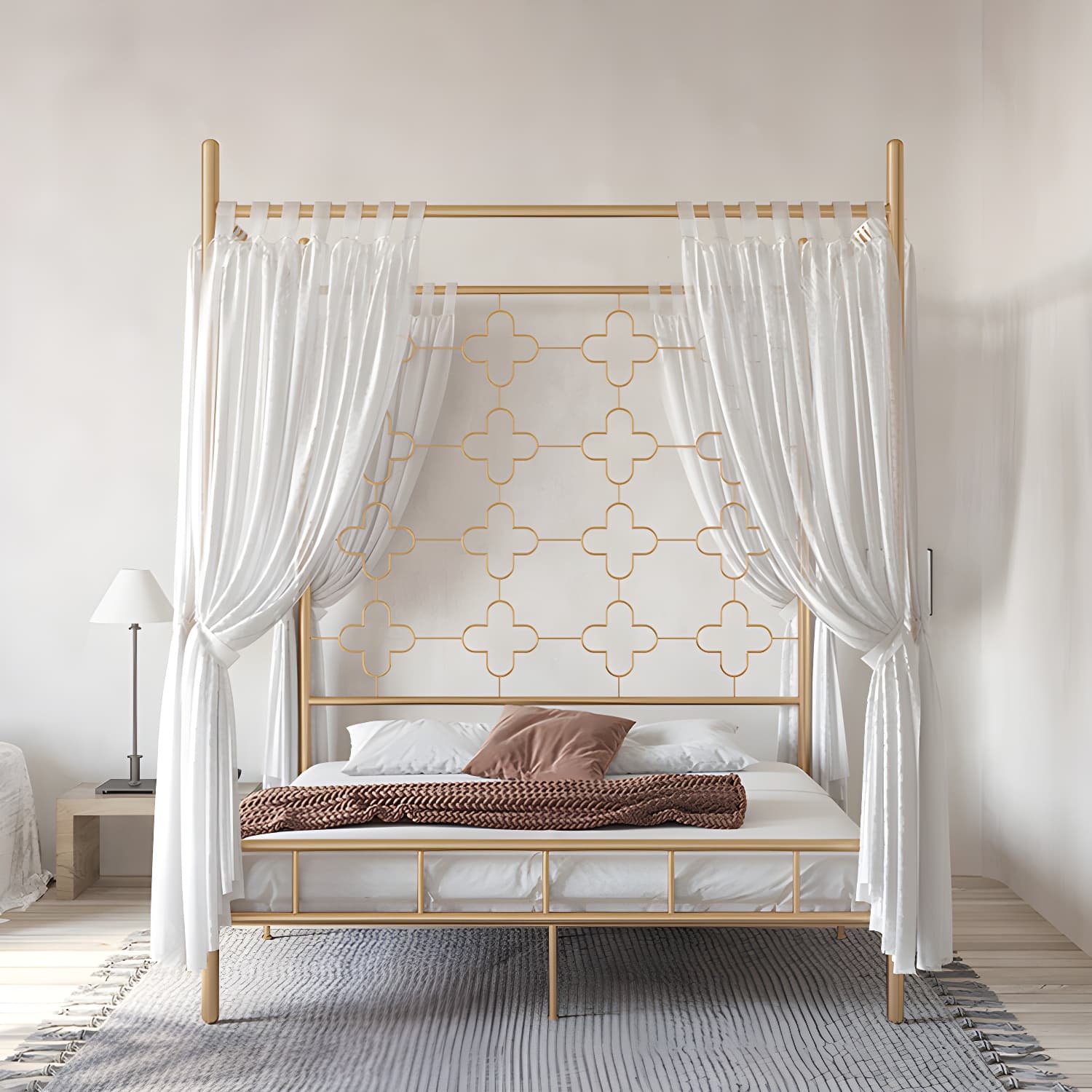 Metal Four Poster Bed with Open-Frame Headboard, Glam Standard Bed - image 4
