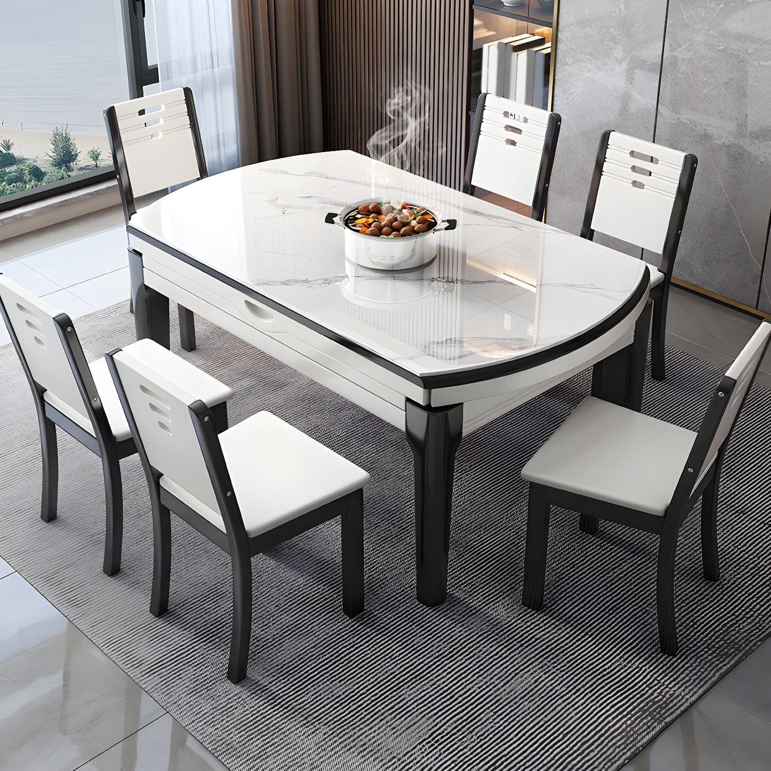 Modern Style Stone Furniture 7 Pcs Round Shape Dinette Table with Dining Chairs - image 3