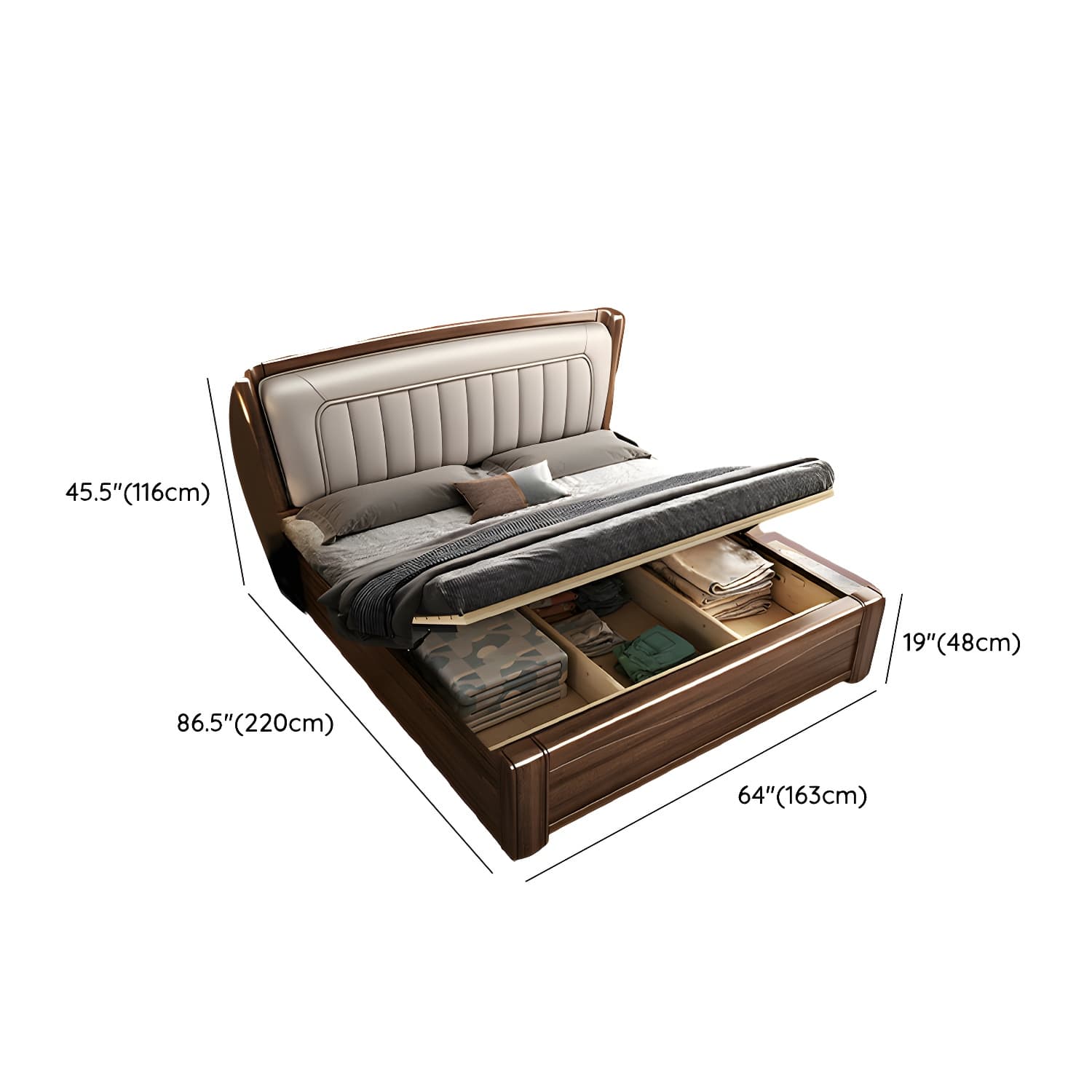 Traditional Walnut Wood Brown Bed with Rectangular Upholstered Headboard for Bedroom - image 12