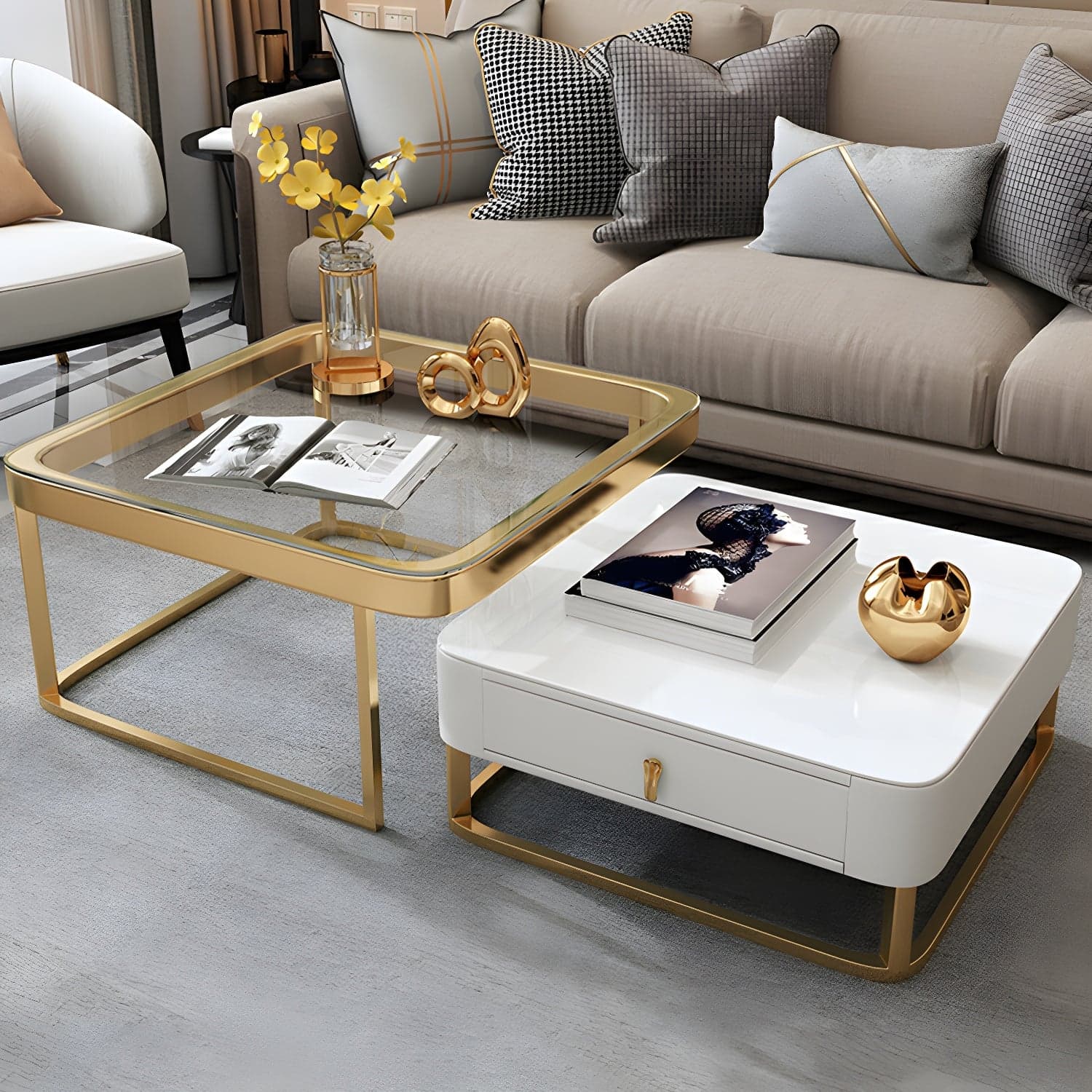 Glam Style Square Coffee Table with Drawer in Metal Frame Base - image 4