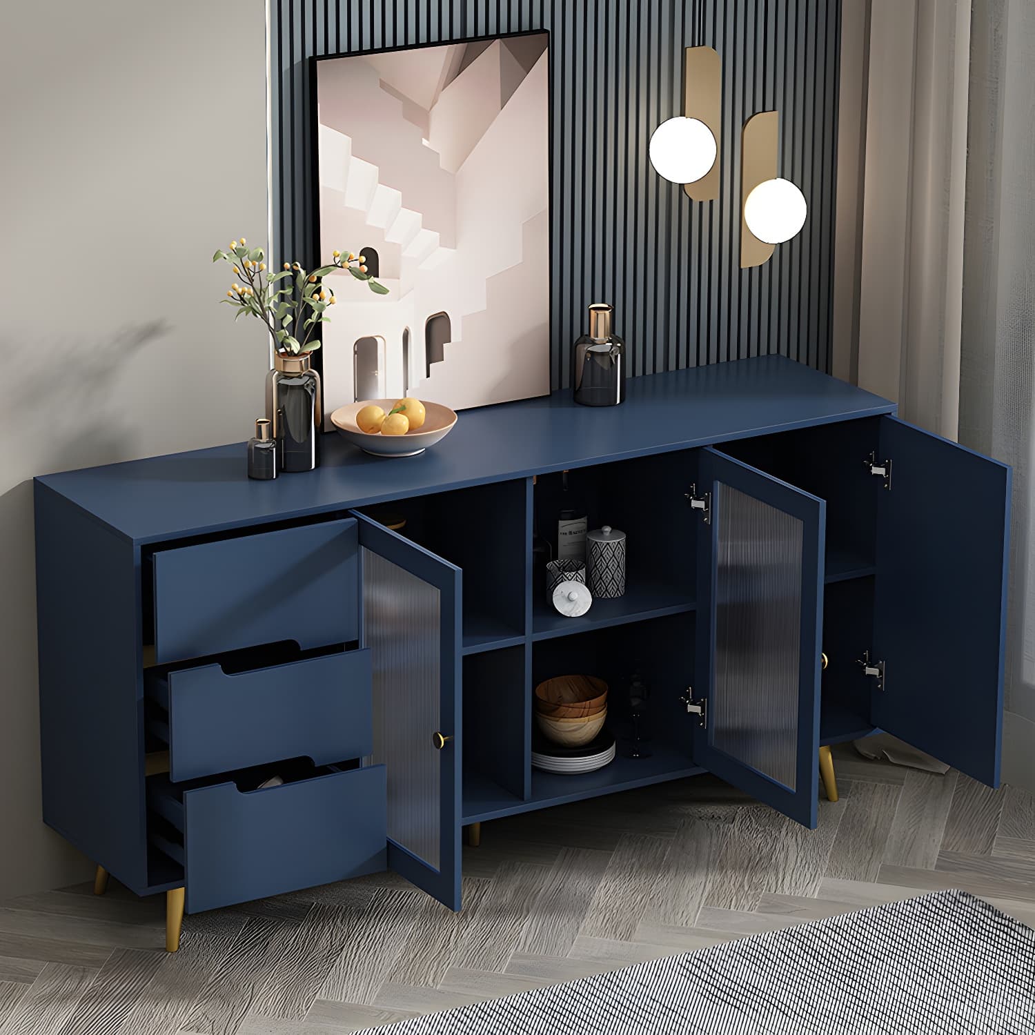 3-Drawer Engineered Wood Sideboard Modern Glass Doors Cabinets Credenza for Living Room - image 8