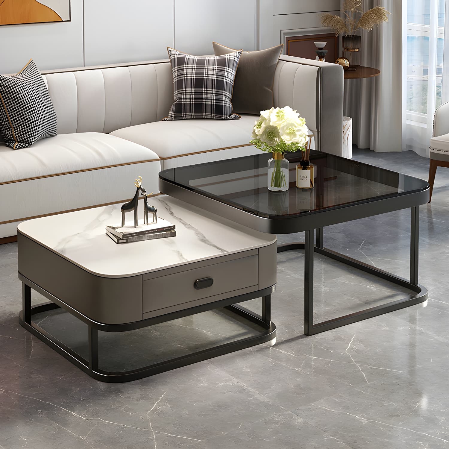 Modern Coffee Table Glass Top Square Nesting Coffee Table Set - image 11
