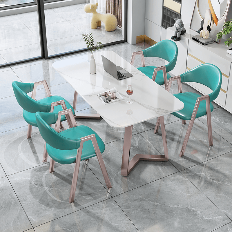 Sleighing Dining Table Set with Fixed Table, Padded Chair, Back, Armrest, 5-piece in White