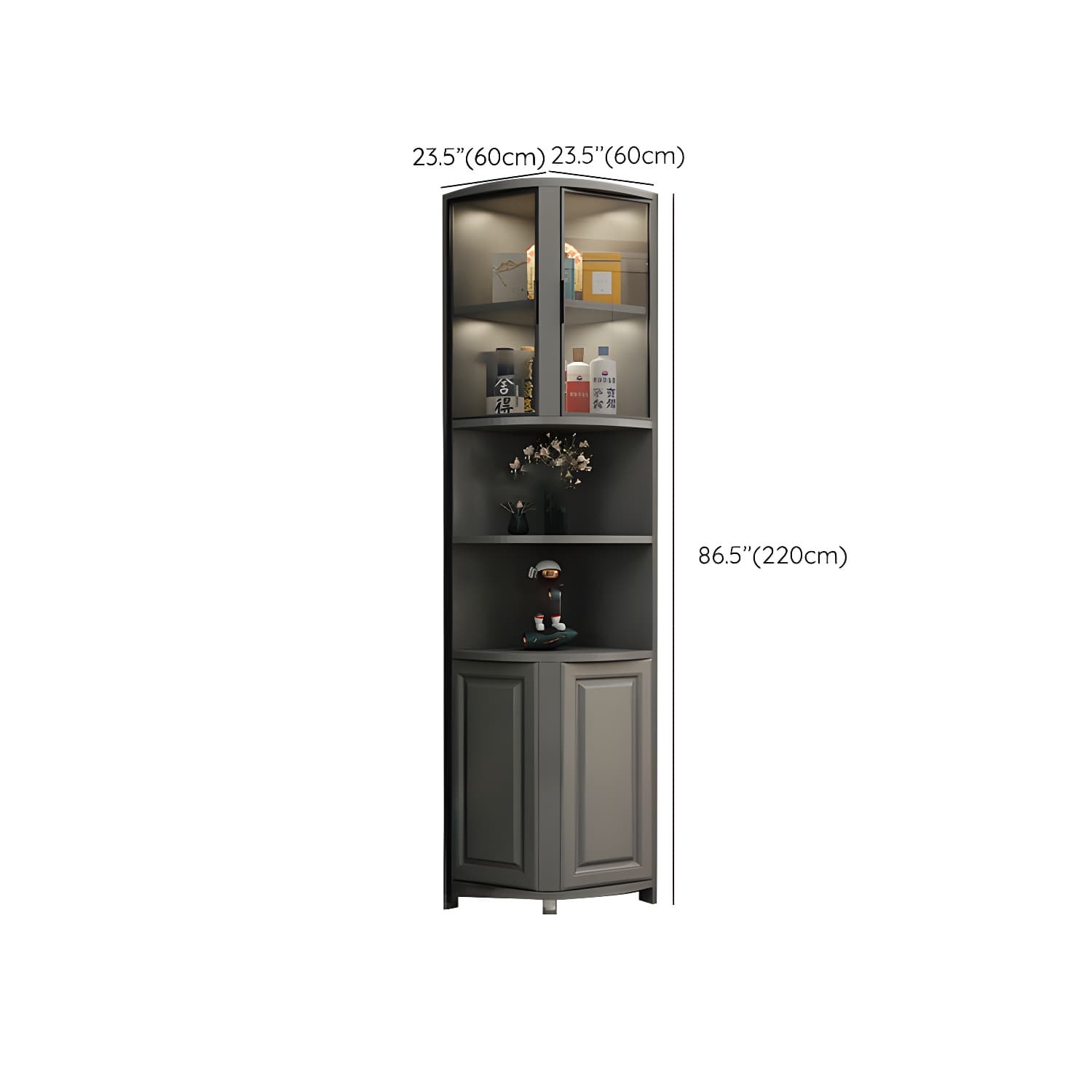 Gray Corner Accent Cabinet with Glass Doors and 8 Interior Shelves - image 21