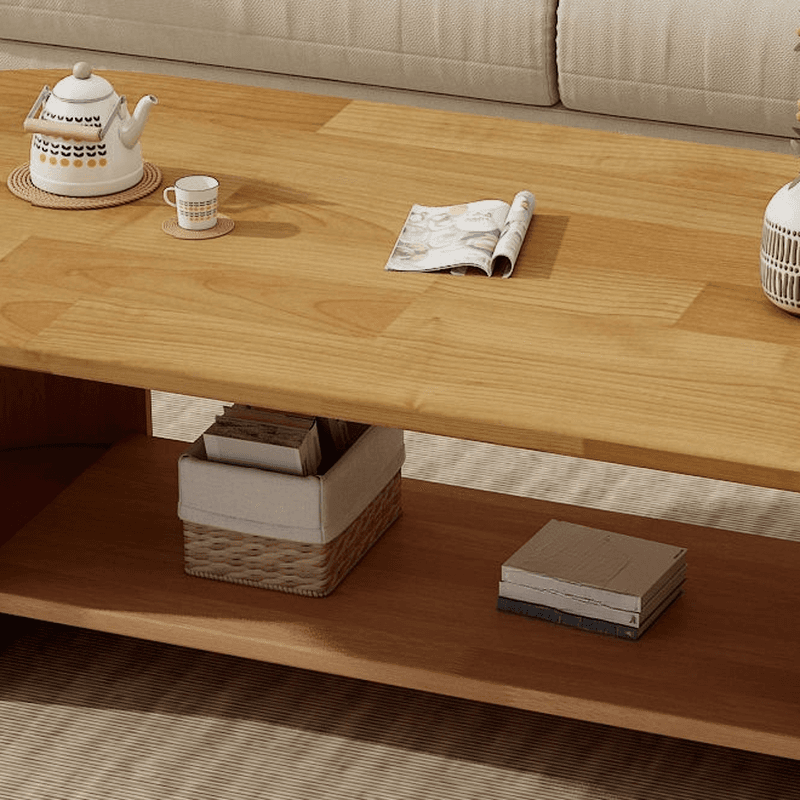 Oval Natural Wood Coffee Table with Twin Support Base, Repository, and 1 Shelf - image 13
