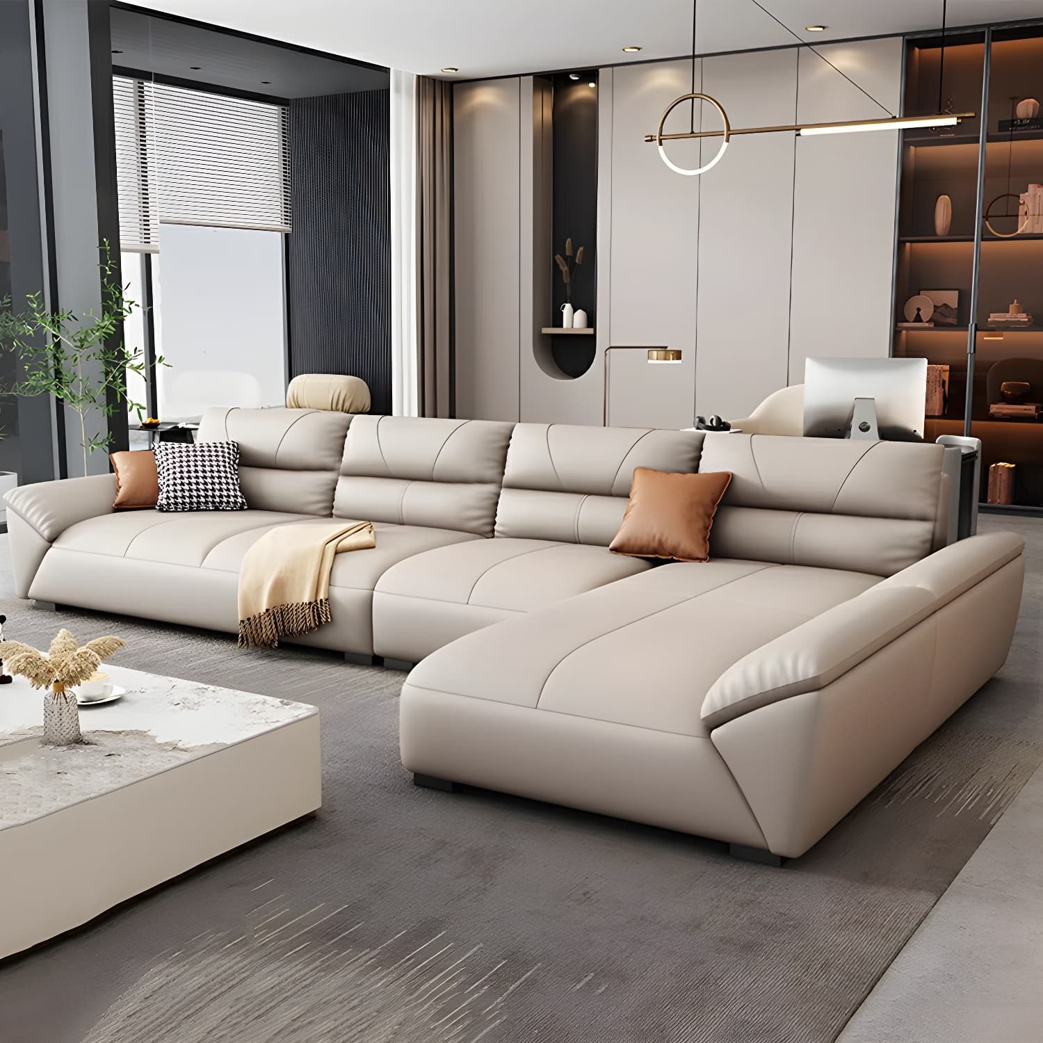 Modern Beige Cotton Stationary Sectional Sofa with Pillow Top Arm
