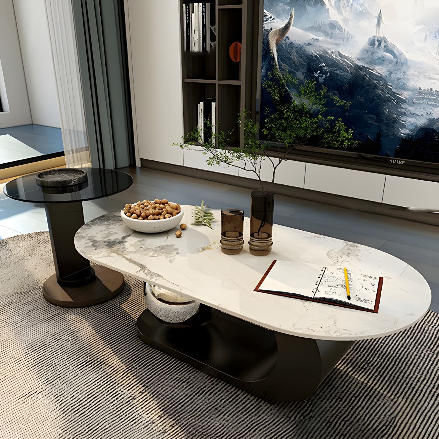 14"H Glam Coffee Table Slate Oval Pedestal Coffee Cocktail Table - image 14