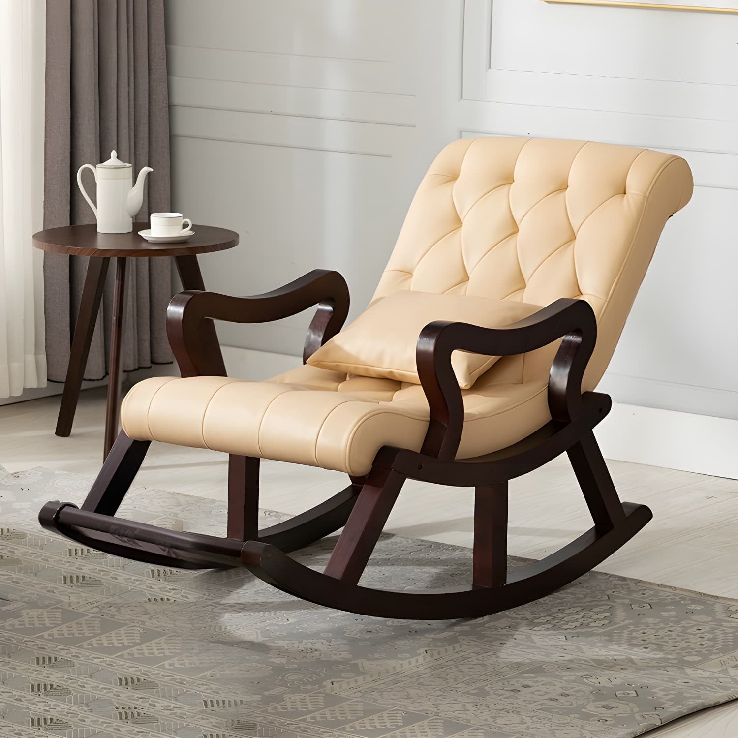 49" Wide Tufted Cushions Solid Wood Leather Rocking Accent Chair