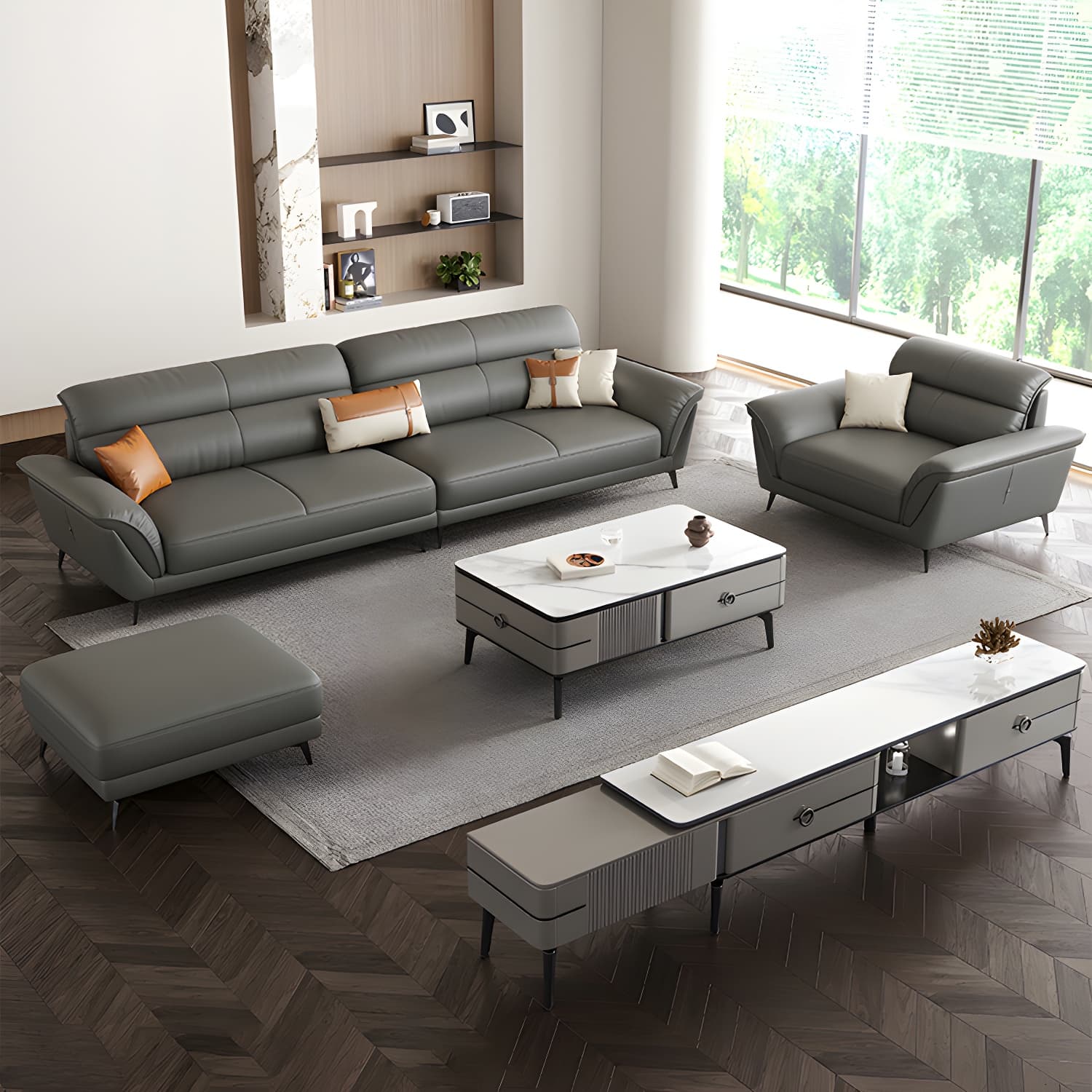 Modern Gray Leather Sectional Sofa with Flared Arms and Storage Not Included - image 4