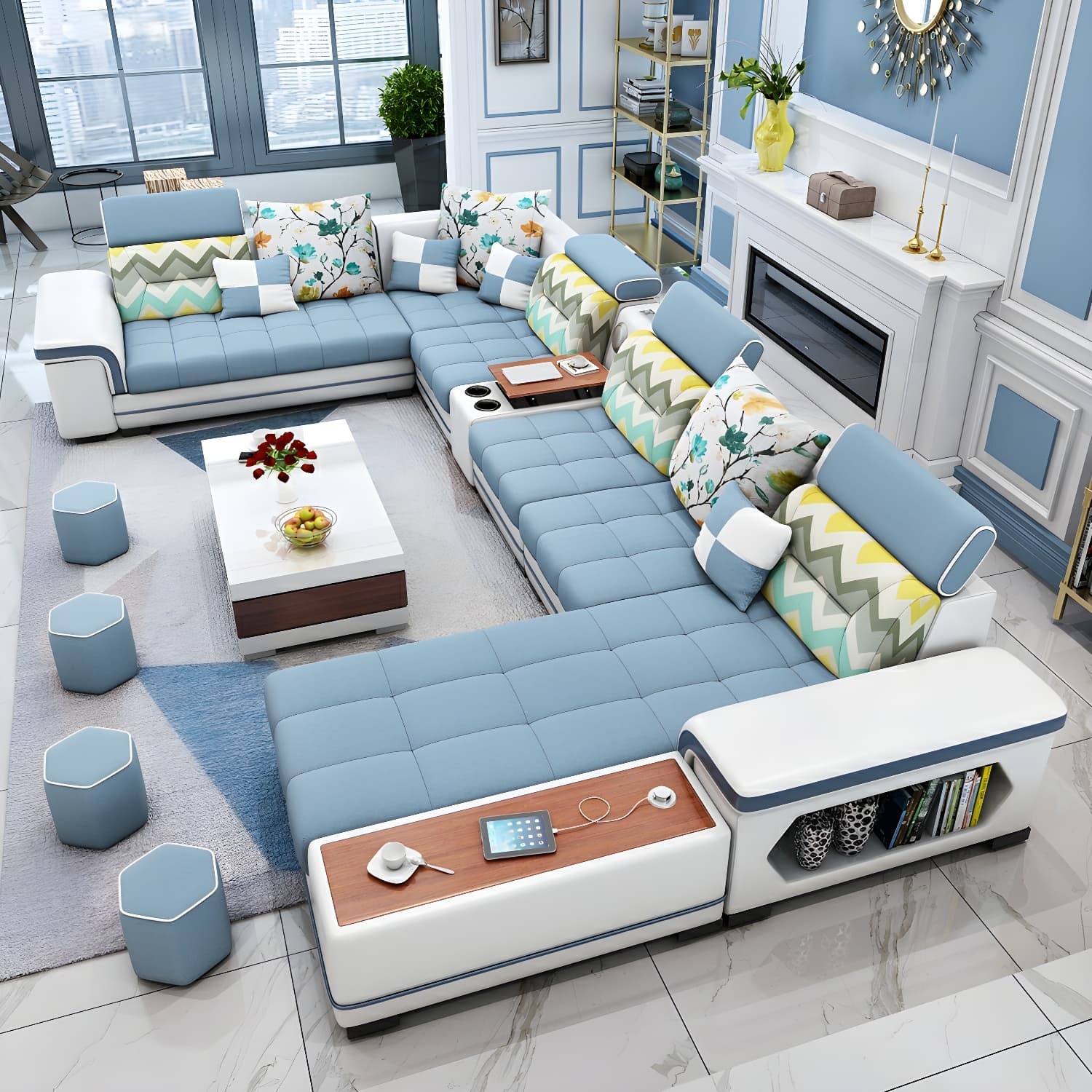Scandinavian Blue Sectional Sofa with Wood Frame, Cushion Back, and Storage Included with Shelves