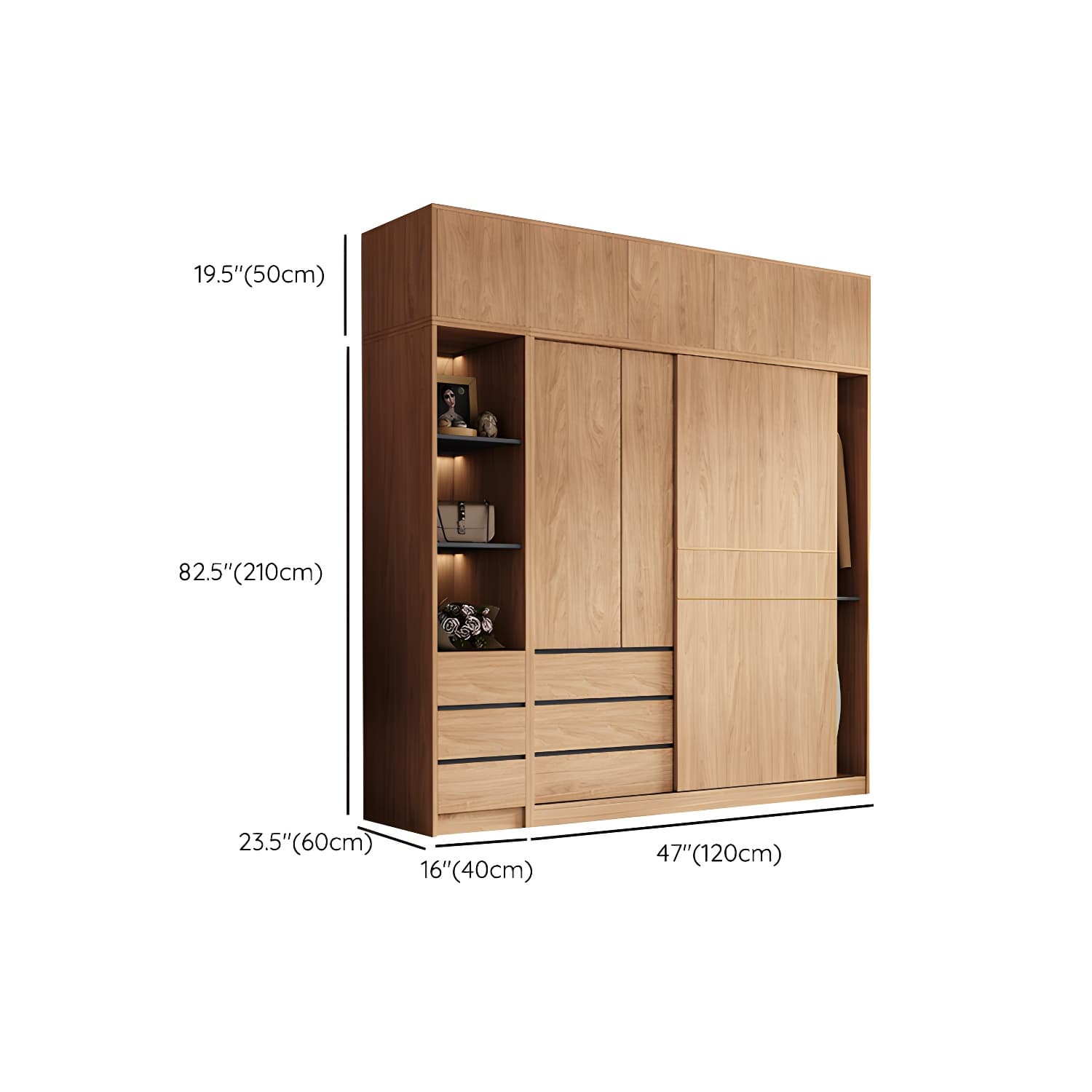 Natural Finish Wardrobe Armoire Sliding Wardrobe Cabinet with Drawer - image 24