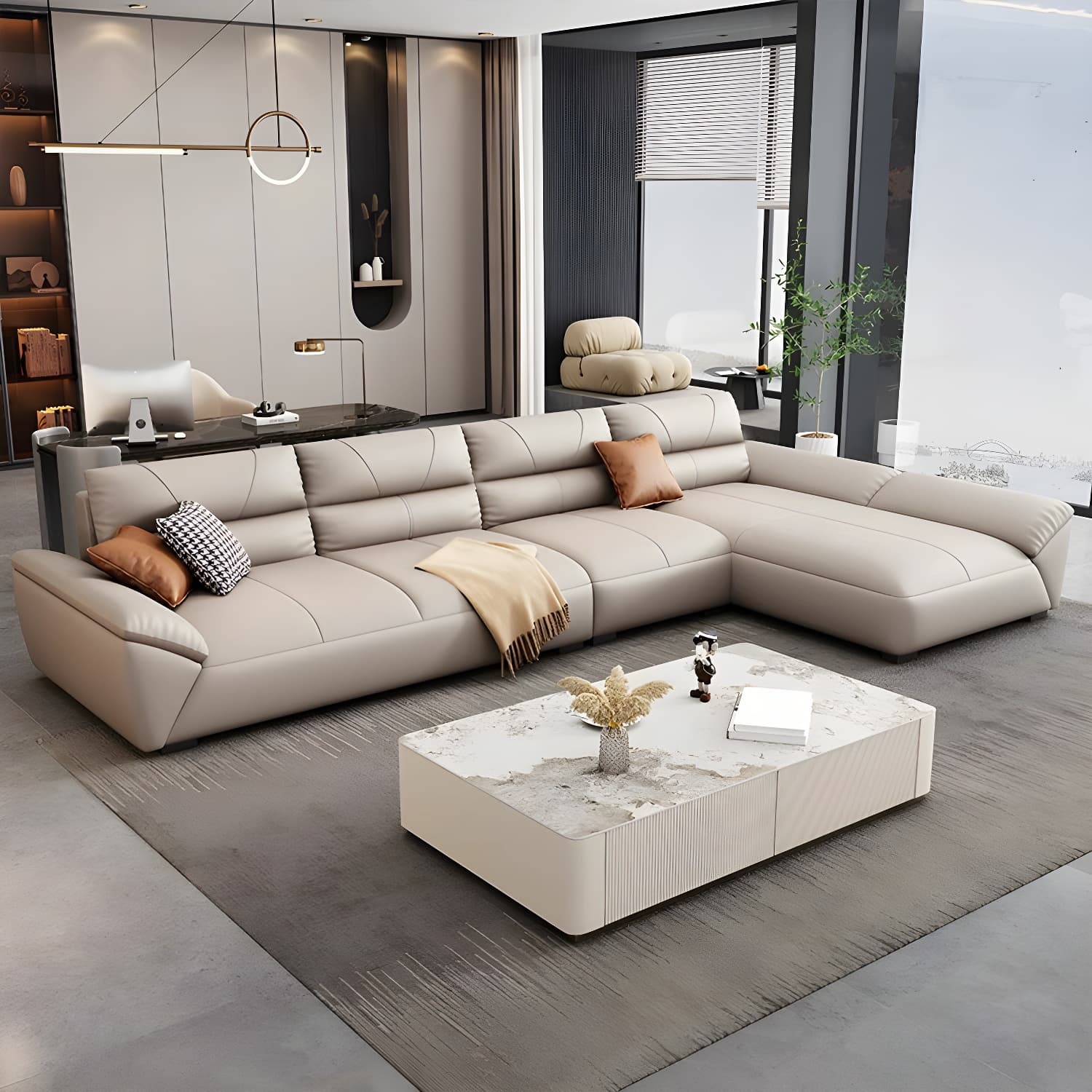 Modern Beige Cotton Stationary Sectional Sofa with Pillow Top Arm