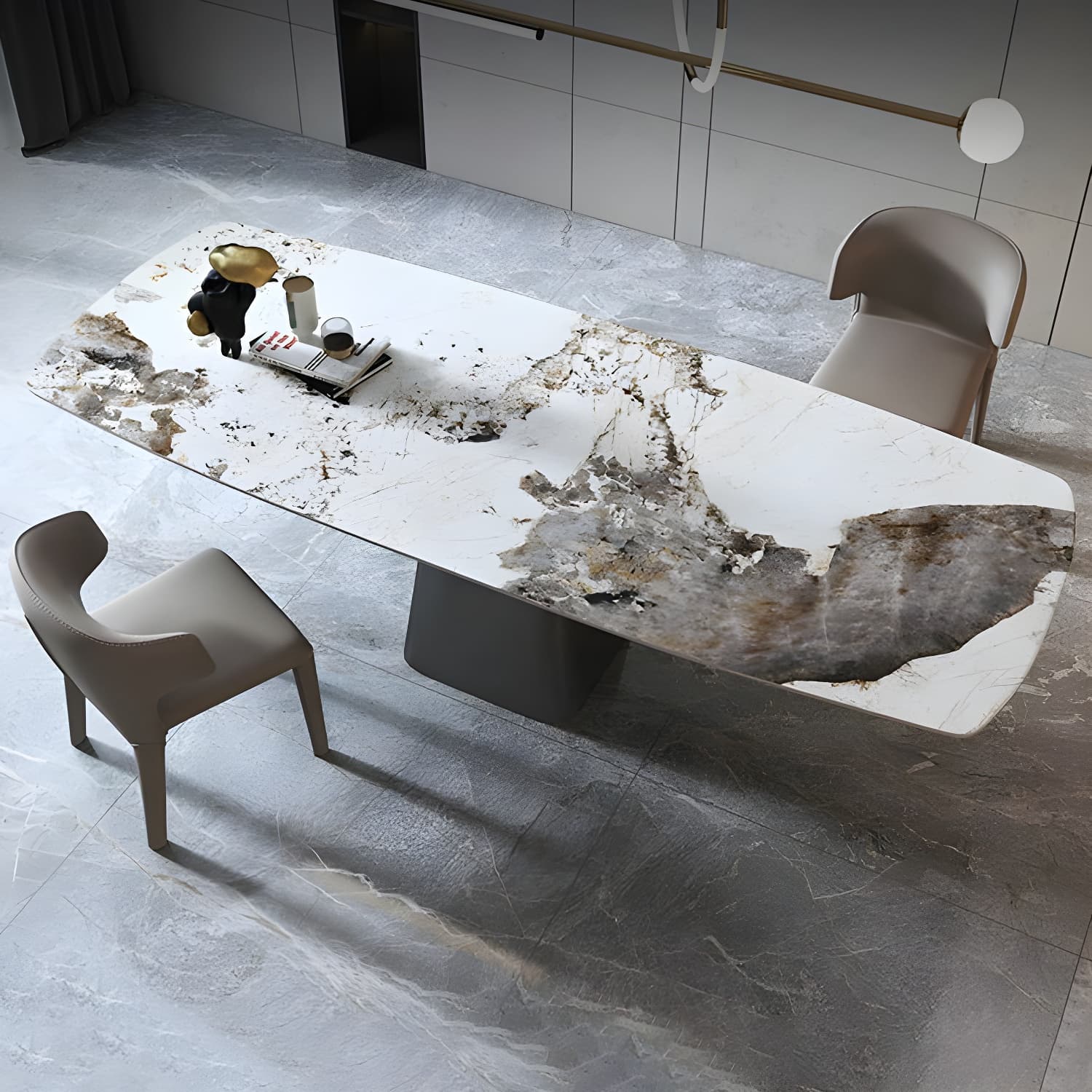 Rectangle White Stone Glam Dining Table with Steel Pedestal Base - image 12