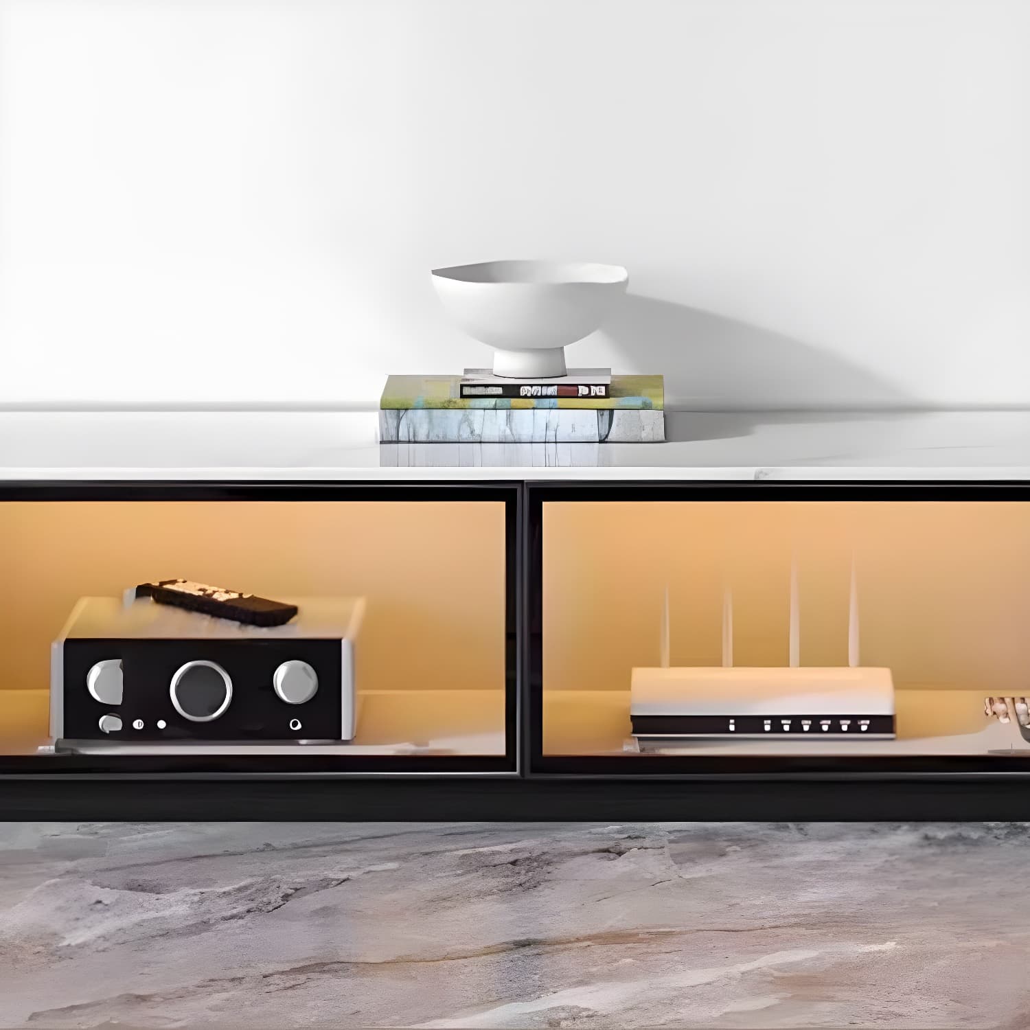 Modern White Stone Top TV Stand with Storage and Cable Management - image 10
