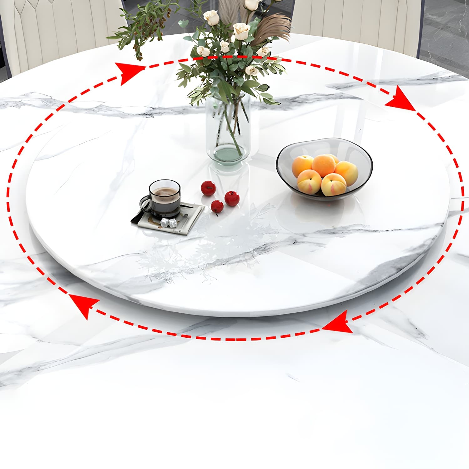 Stone Modern Round Dining Table with Black Steel Pedestal Base and Lazy Susan - image 10