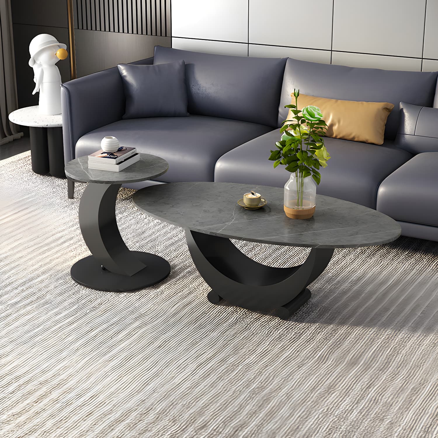 2 Piece Nesting Tables Oval Minimalist Modern Coffee Table Set