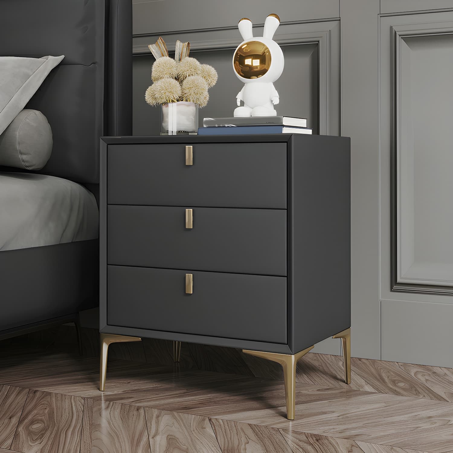 Glam Style Solid Wood 3-Drawer Nightstand with Legs for Bedroom
