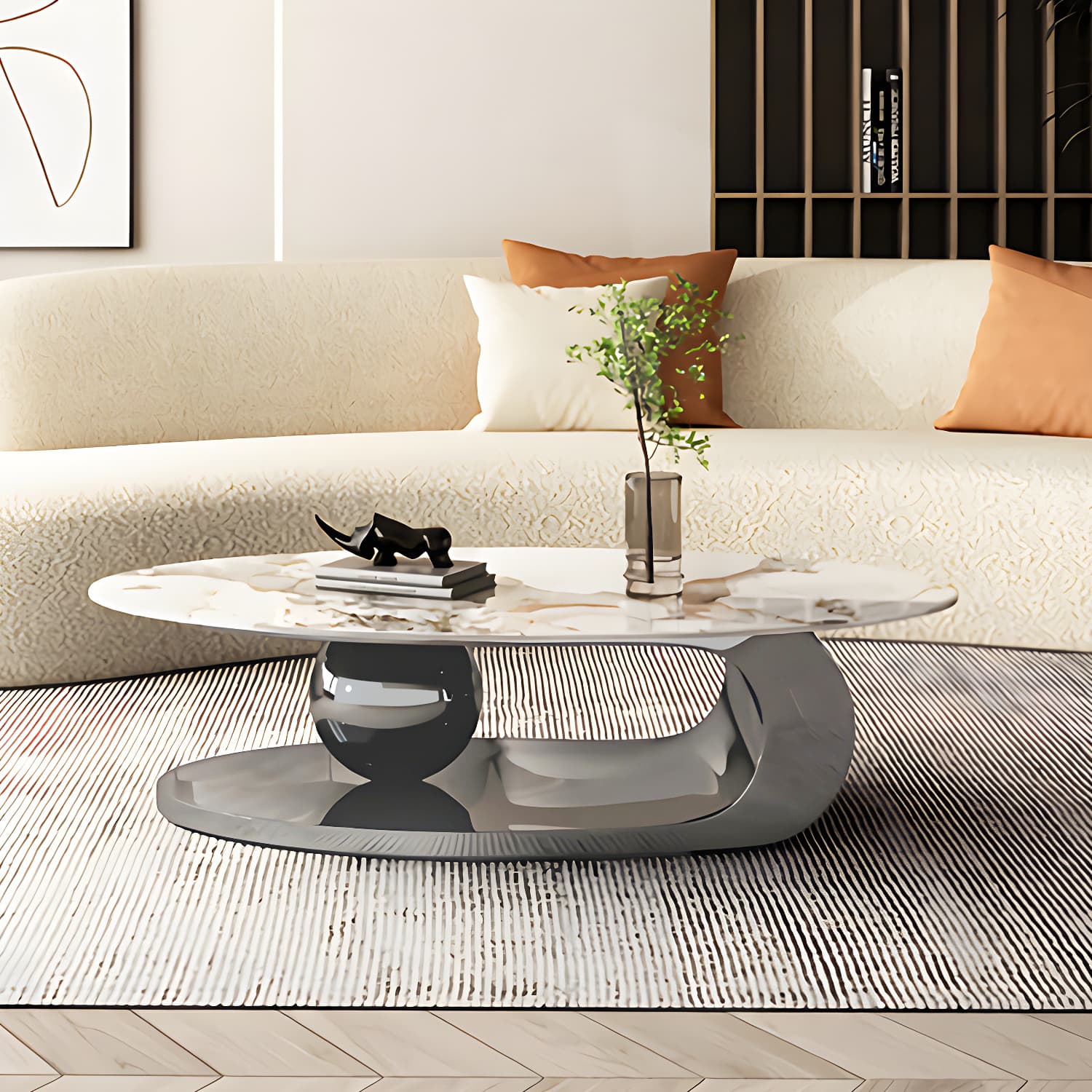 Oval Coffee Table with Stainless Steel Base Made of Rock Sheet