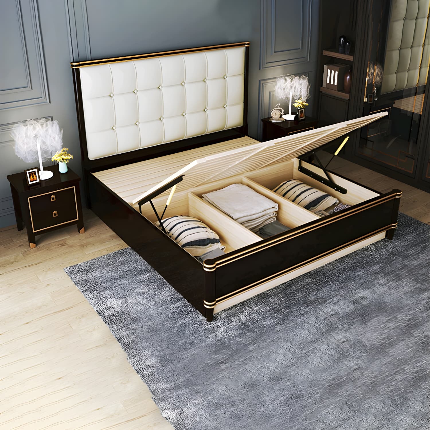 Modern Standard Bed with Tufted Upholstered Headboard and Soild Wood Legs - image 13