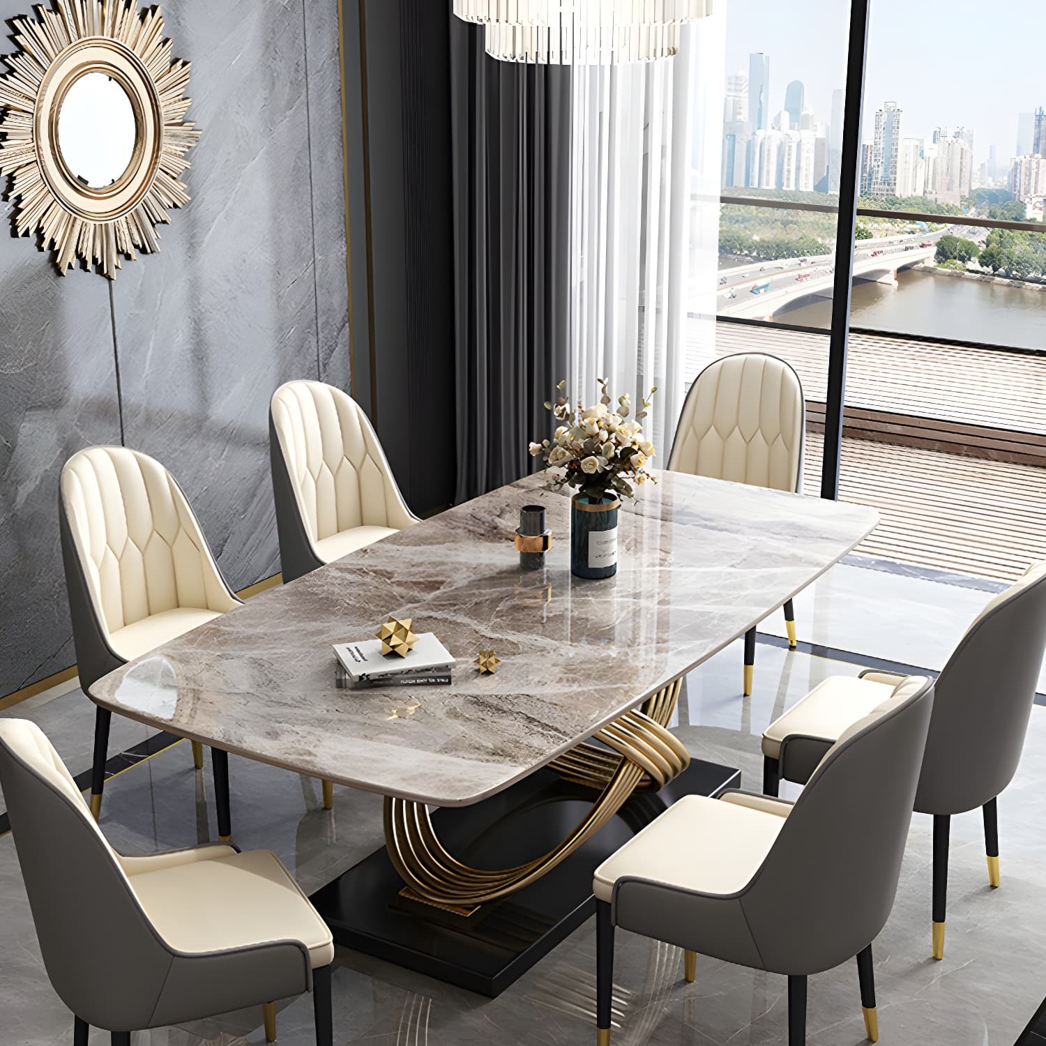 Nordic Glam Rectangle Sintered Stone Table Set 1/4/5/7 Pieces Dining Set - image 12