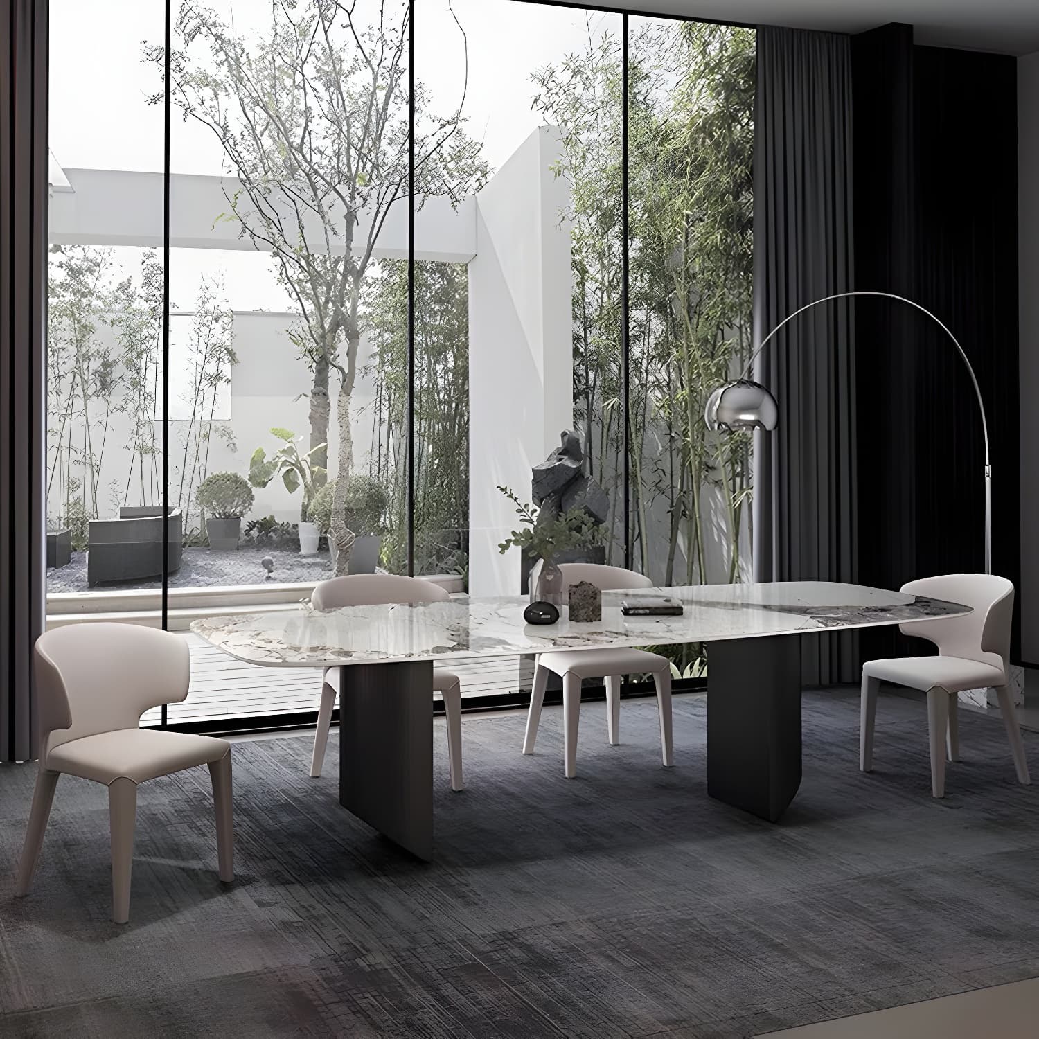Rectangle Dining Table Sintered Stone Top Modern White Table with Black Legs