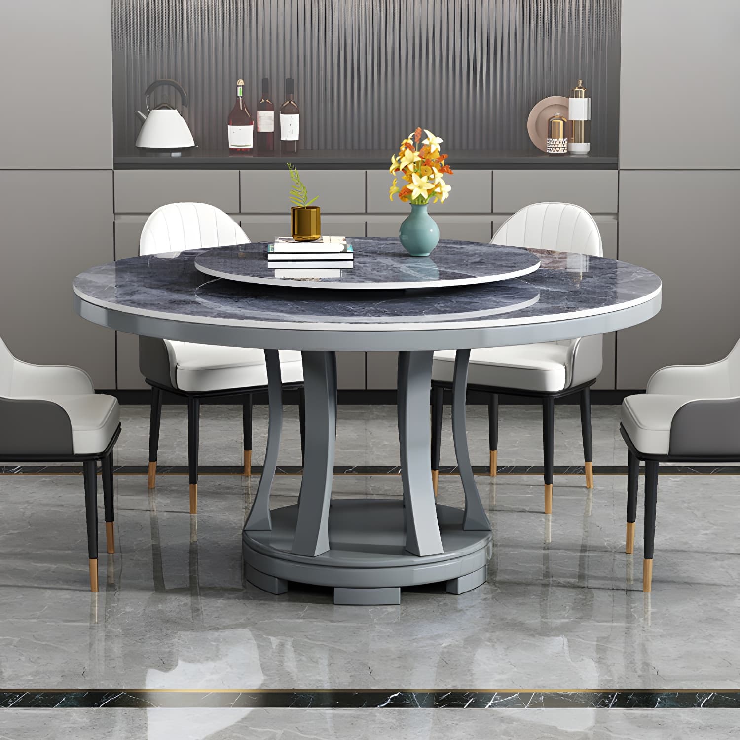 Round Stone Turntable Table Minimalist Furniture with Pedestal Base