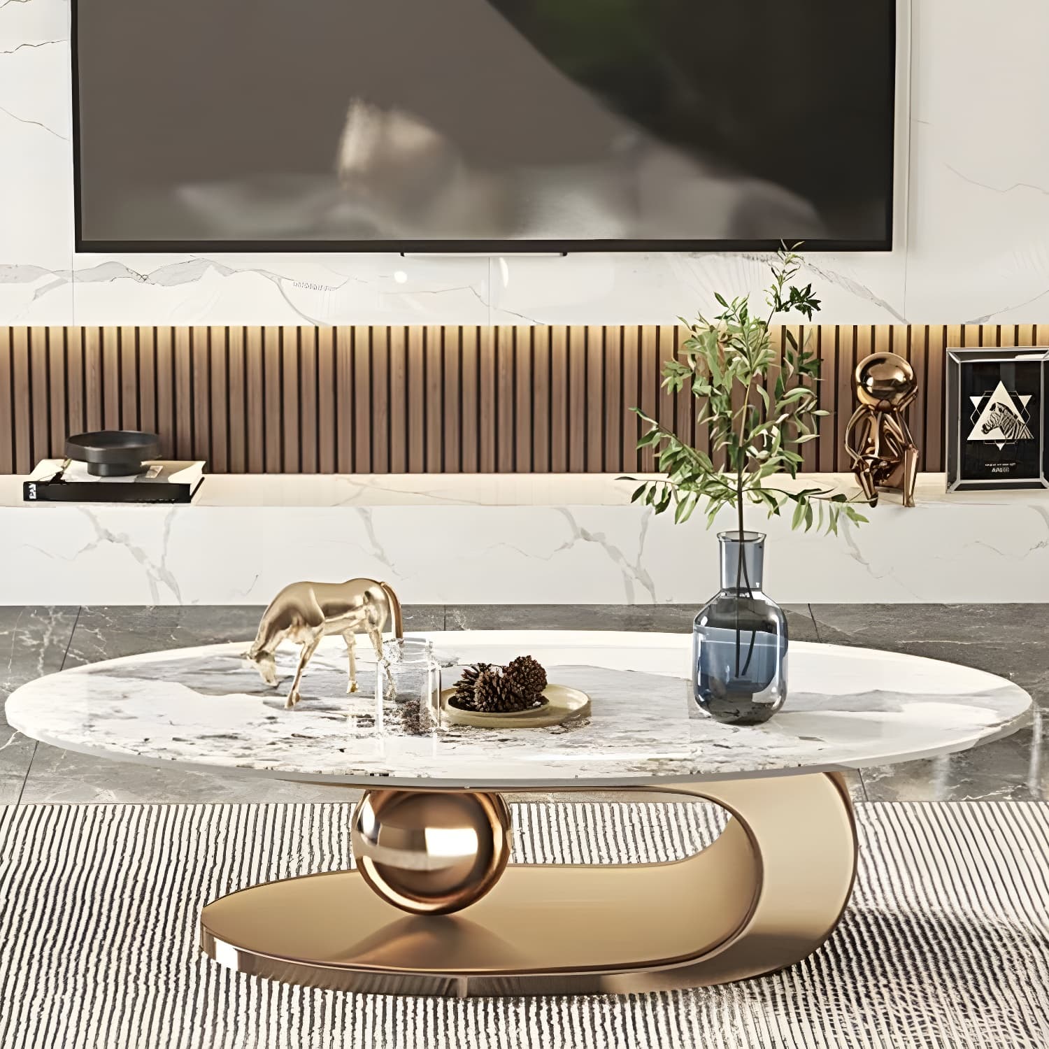 Glam Stone Coffee Table - Beige Oval Shape with Abstract Stainless Steel Base and Scratch Resistant - image 7