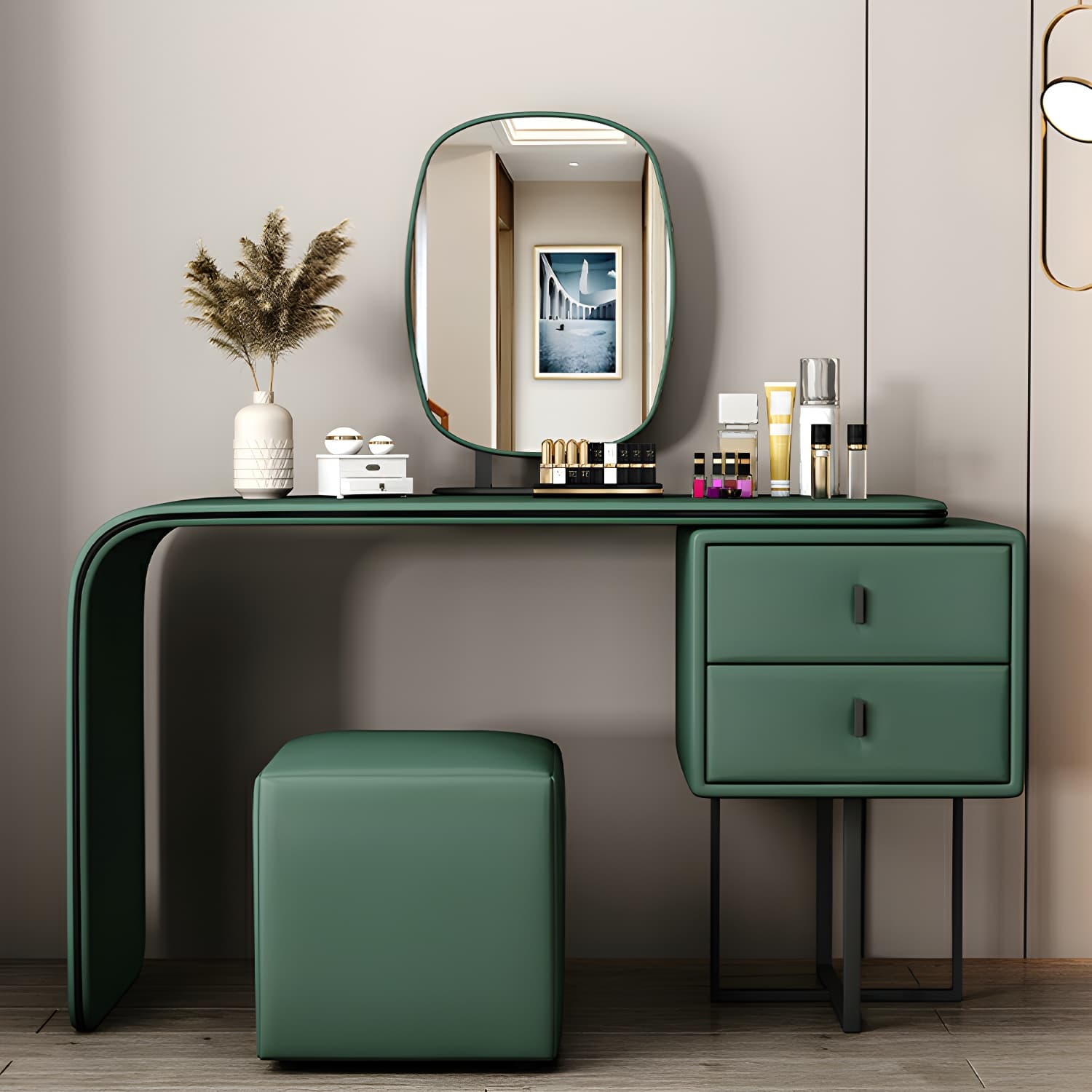 Modern Wood Vanity with Faux Leather Table Top & 2 Soft Close Drawers - image 10