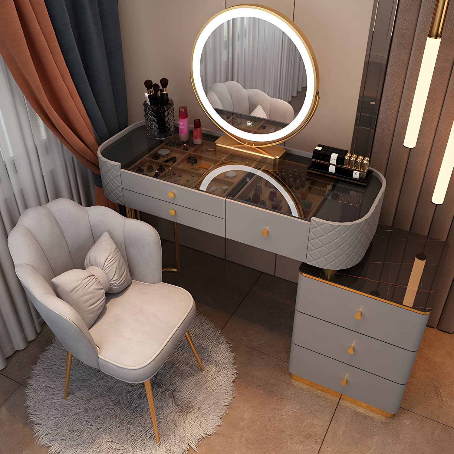 Lighted Mirror & Jewelry Makeup Vanity Metal Dressing Table Stool Set - image 8
