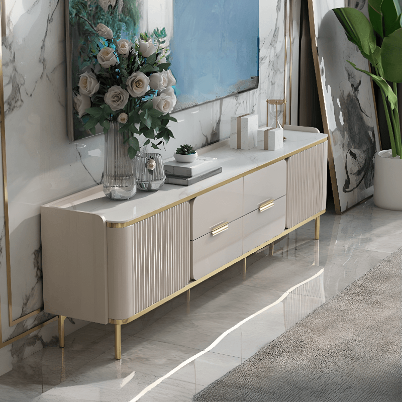 Chalk Art Deco Sintered Stone TV Stand for Sitting Room with 4/3 Drawers, 2 Cabinets, and Gate Doors - image 6