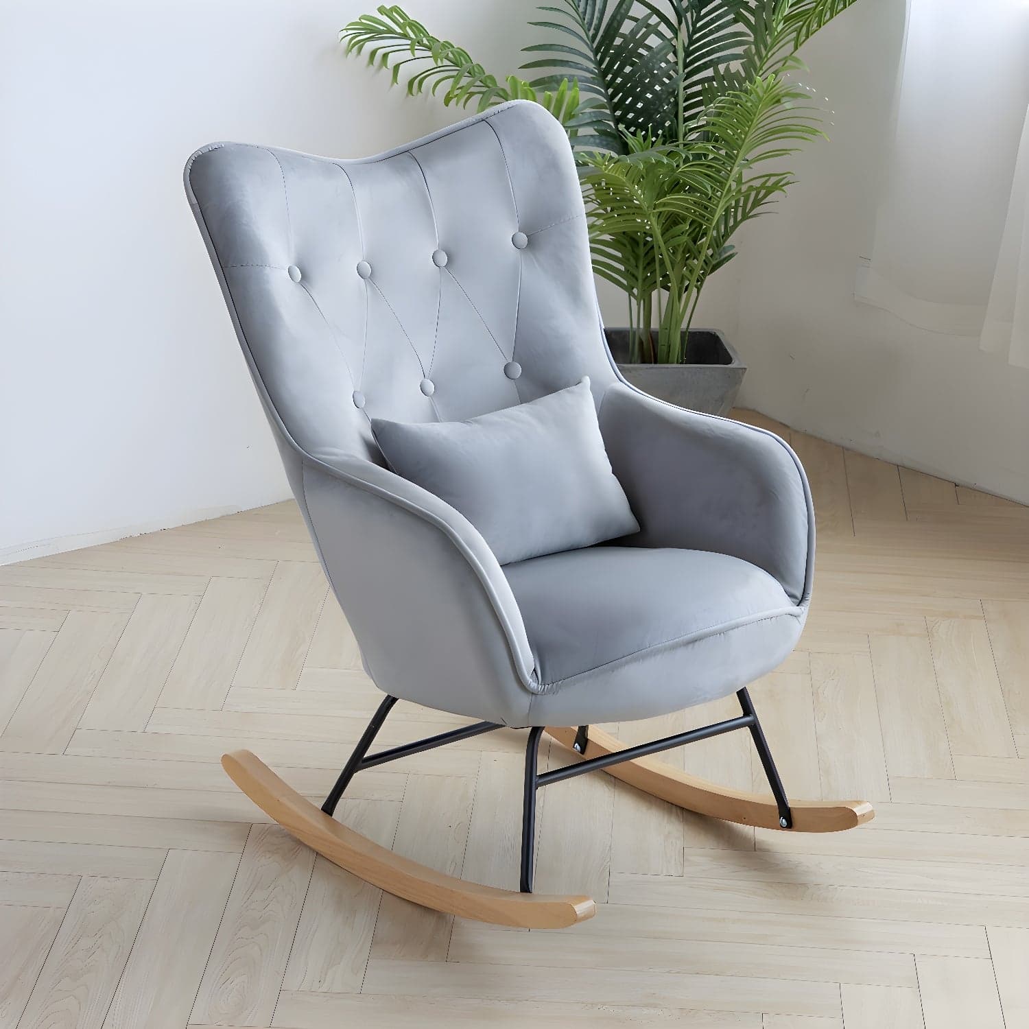 Stylish Modern Upholstered Rocking Chair with Natural Wood Legs and Tufted Back Cushion - image 6