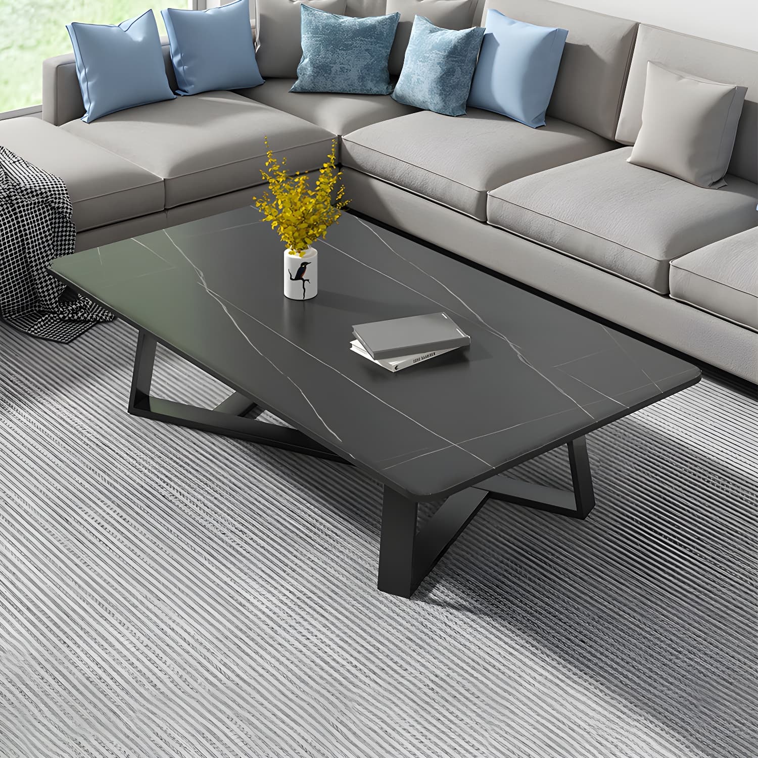 Modern Rectangle Coffee or End Table Stone and Steel Coffee Table with Cross Legs