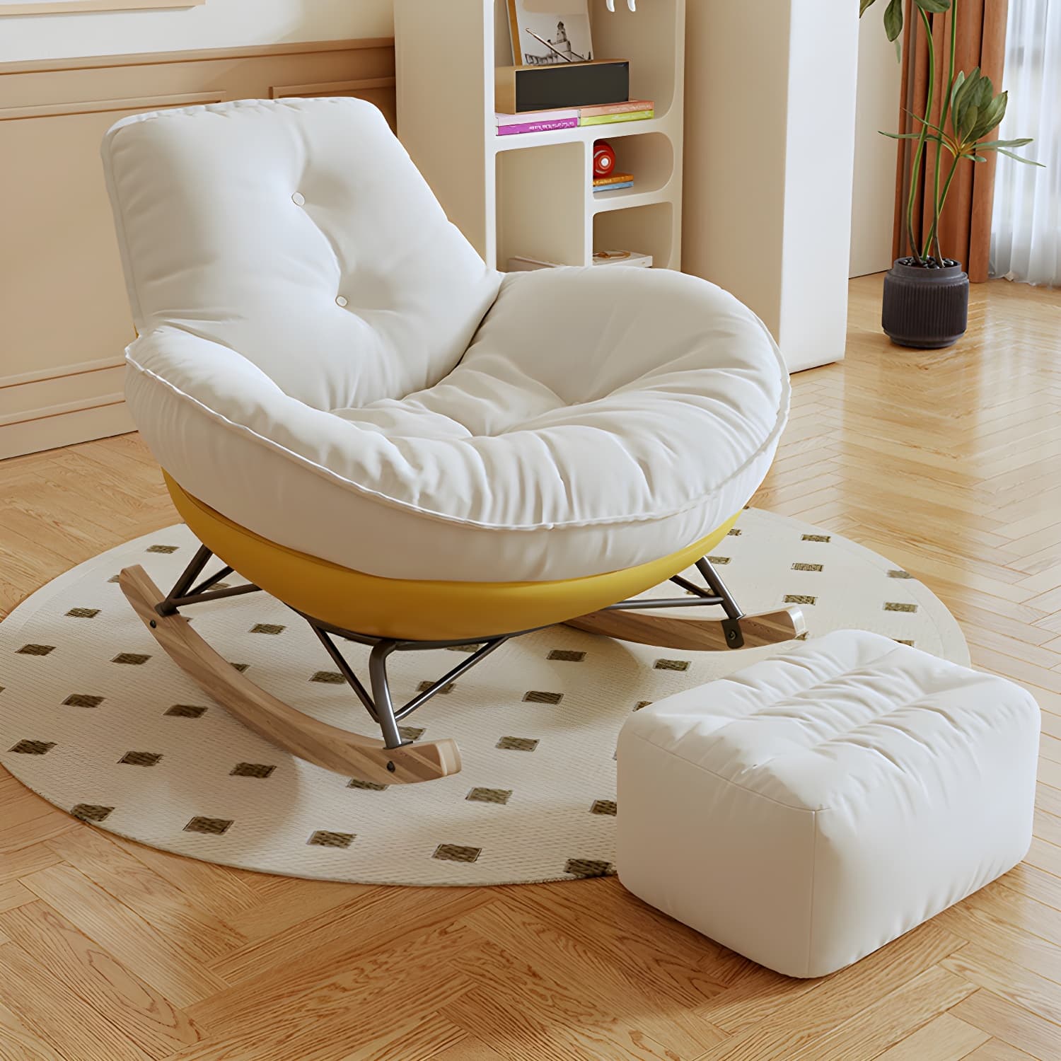 Contemporary Upholstered Rocking Chair with White Tufted Flannel Cushion and Solid Wood Legs - image 15