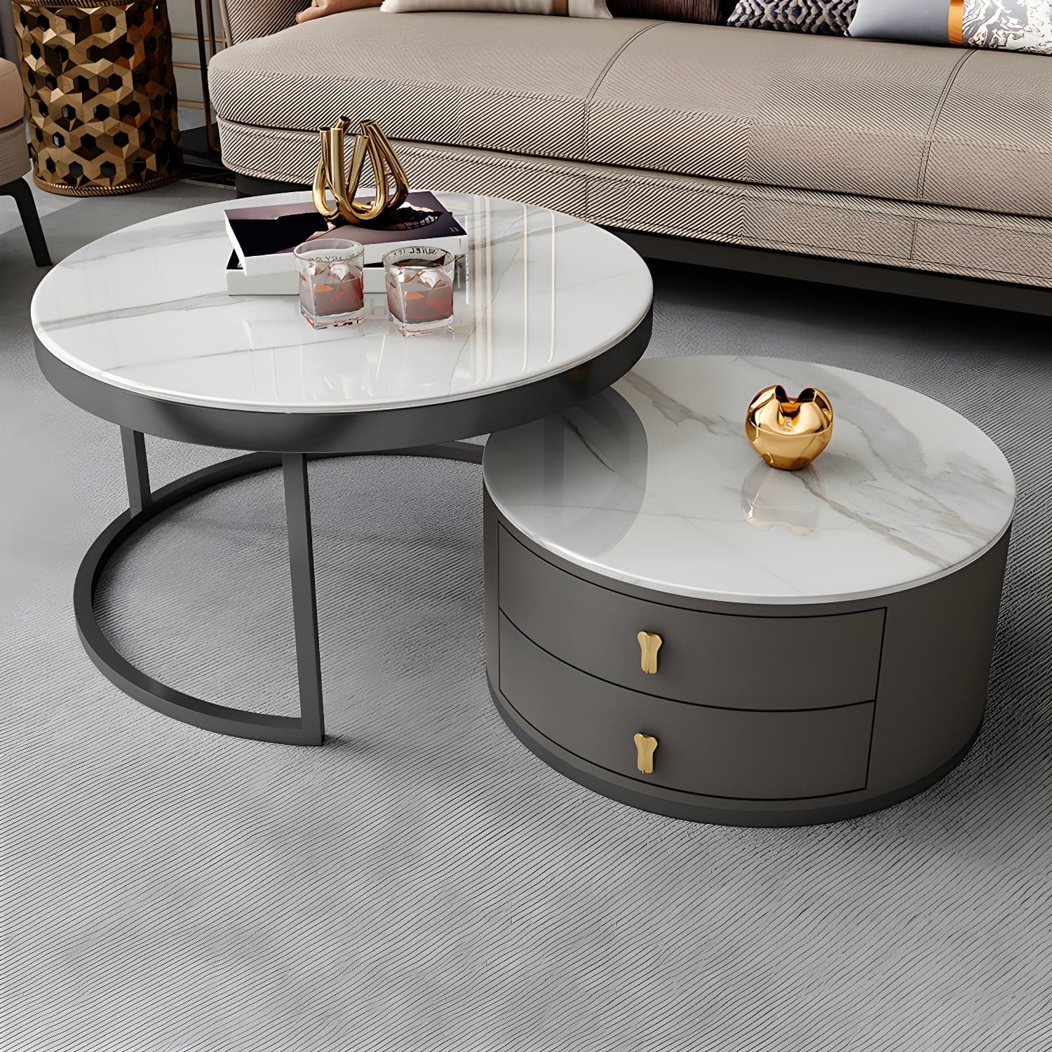 Modern Coffee Cocktail Table Round Nesting Coffee Table Set with Drawer - image 5