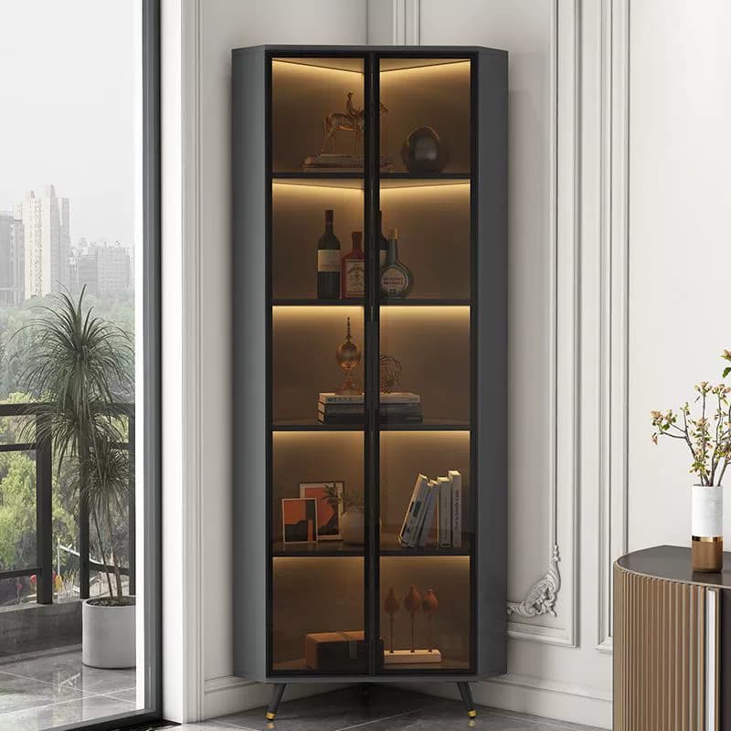 Contemporary Wood Corner Accent Cabinet with Clear Glass Doors, Metal Legs and Interior Shelves - image 11