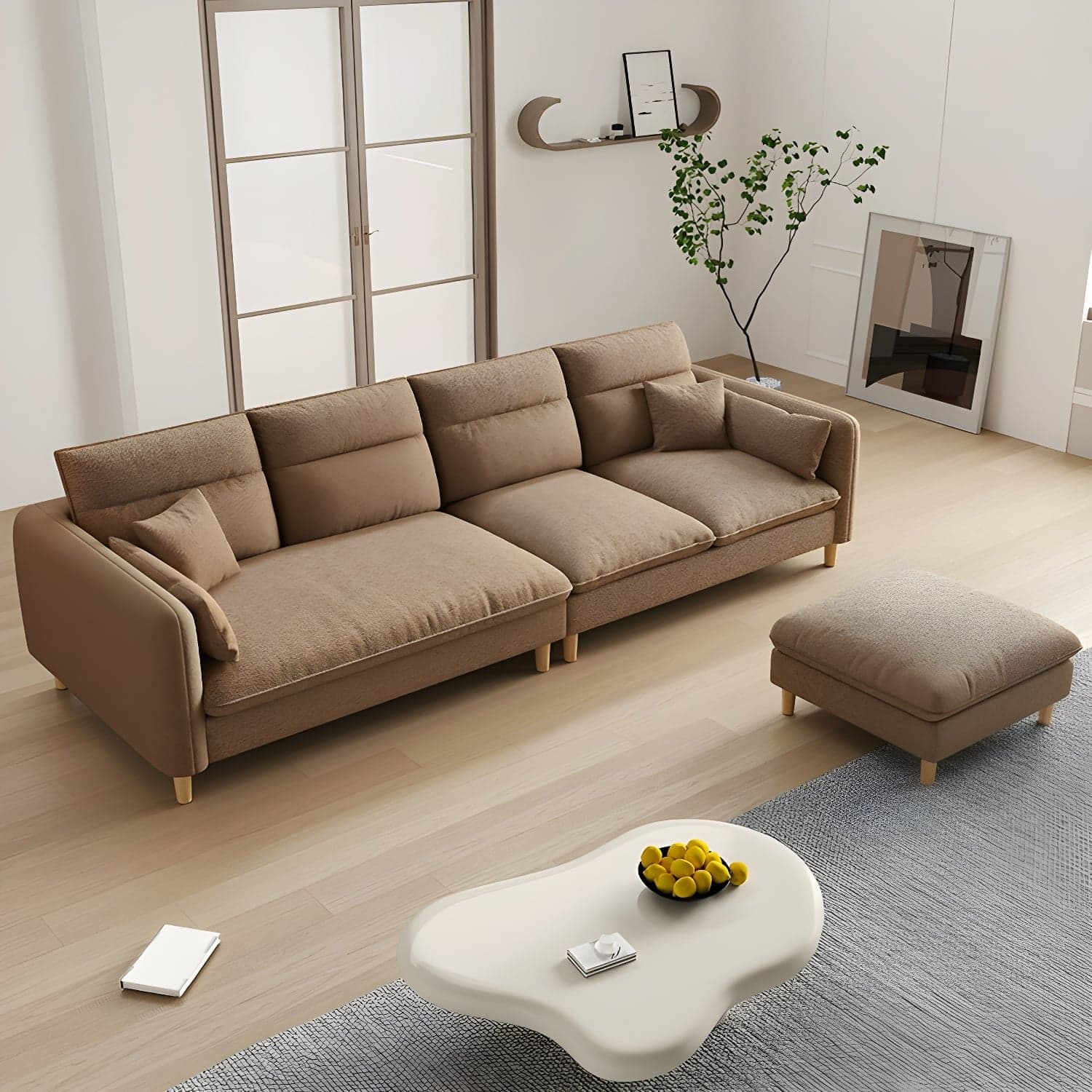 Modern Wood Frame Straight Sectional Sofa Set with Ottoman in Brown, 3 Piece Set - image 8