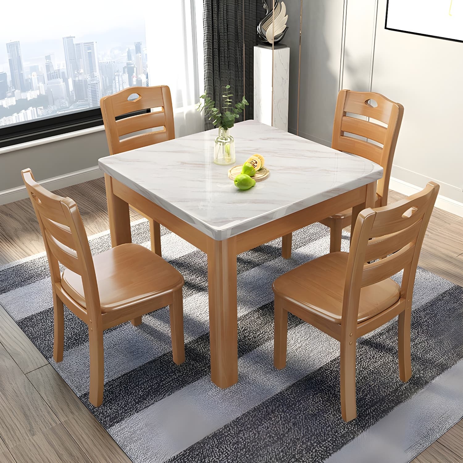 Square Marble Dining Table Set 1/5 Pieces with Solid Wood Base for Kitchen