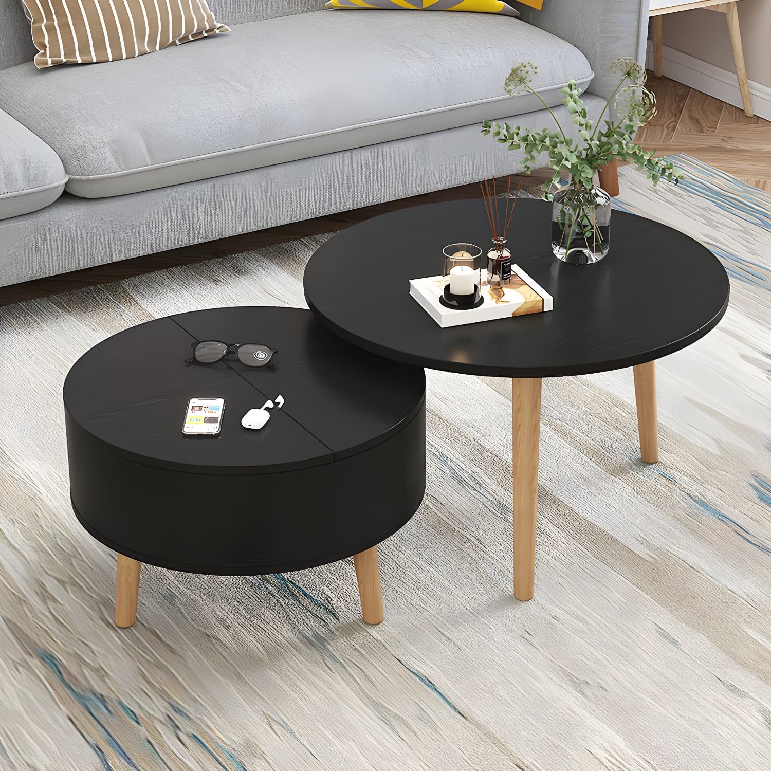 Round Solid Wood 3 Legs Coffee Table with Storage Drawers Modern Cocktail Table