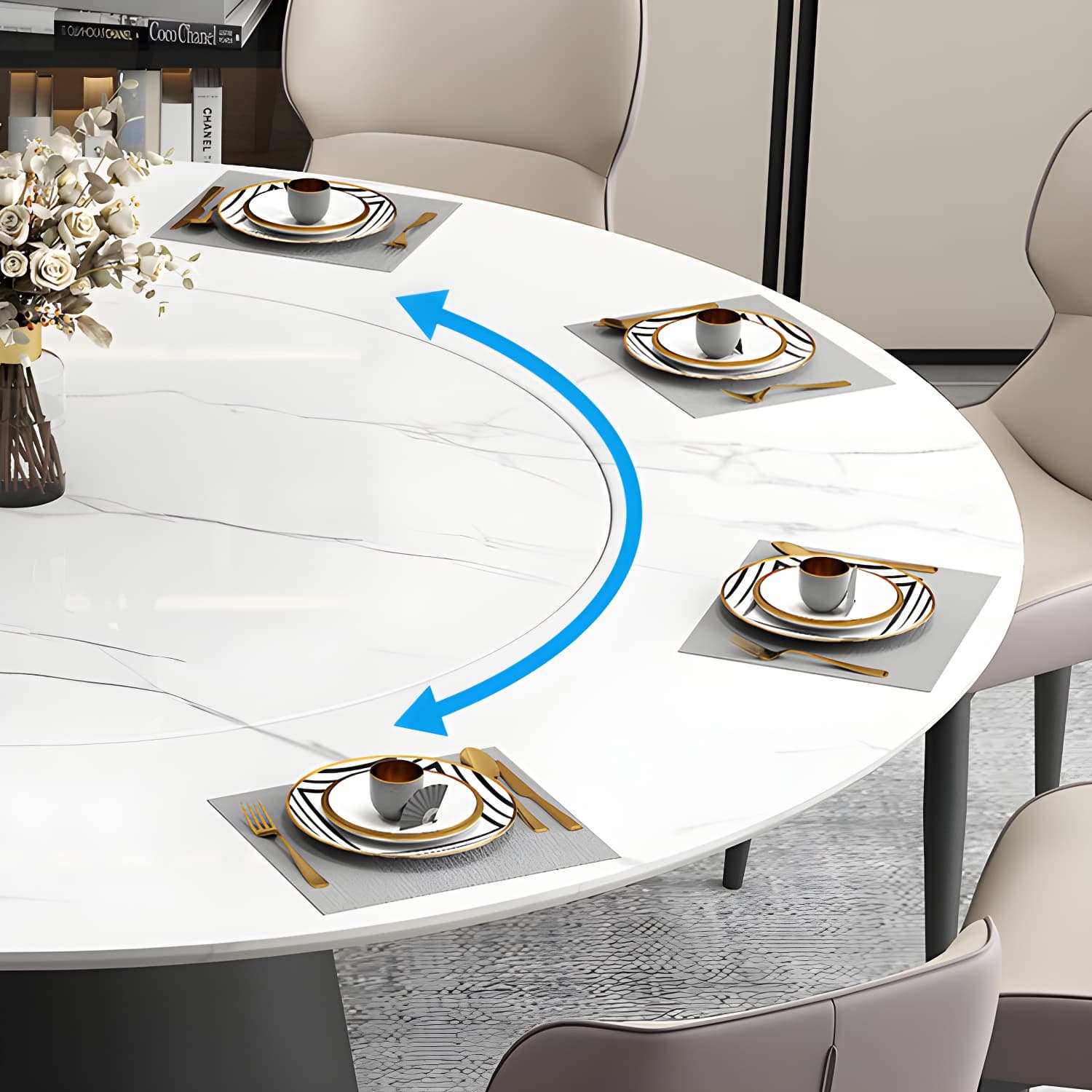 Modern Round Dining Table White and Black Metal Base Convertible Dining Table - image 8