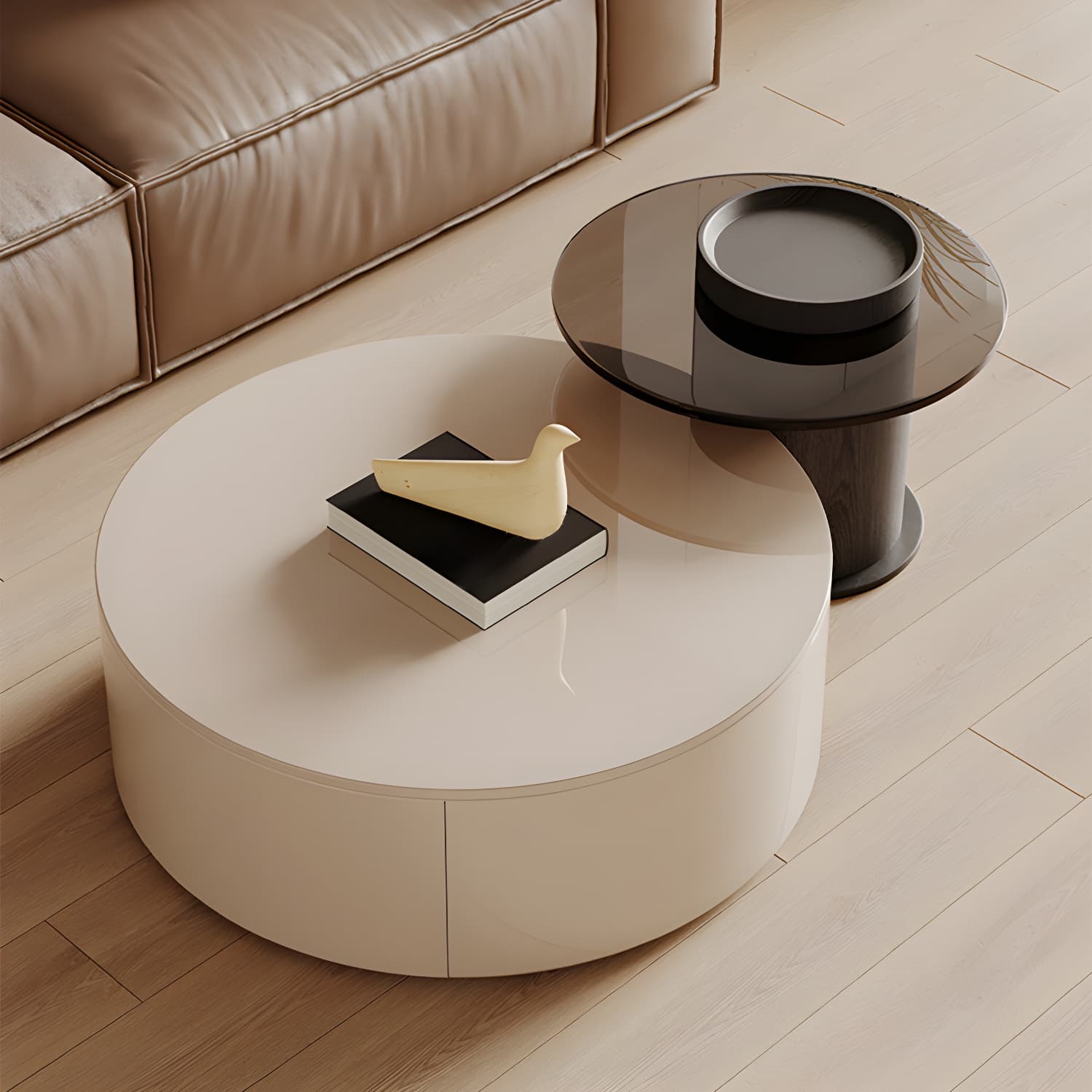 Modern Round Coffee Table with Metal Drum Base and 2 Drawers - image 6