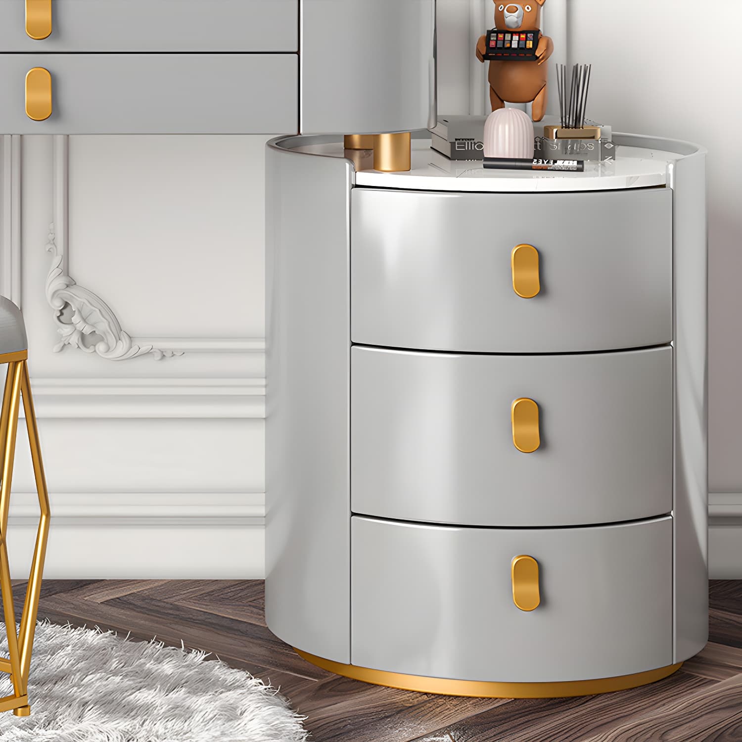 Storage Drawers Dresser Glass/Stone Top Dressing Table with Mirror & Stool - image 11