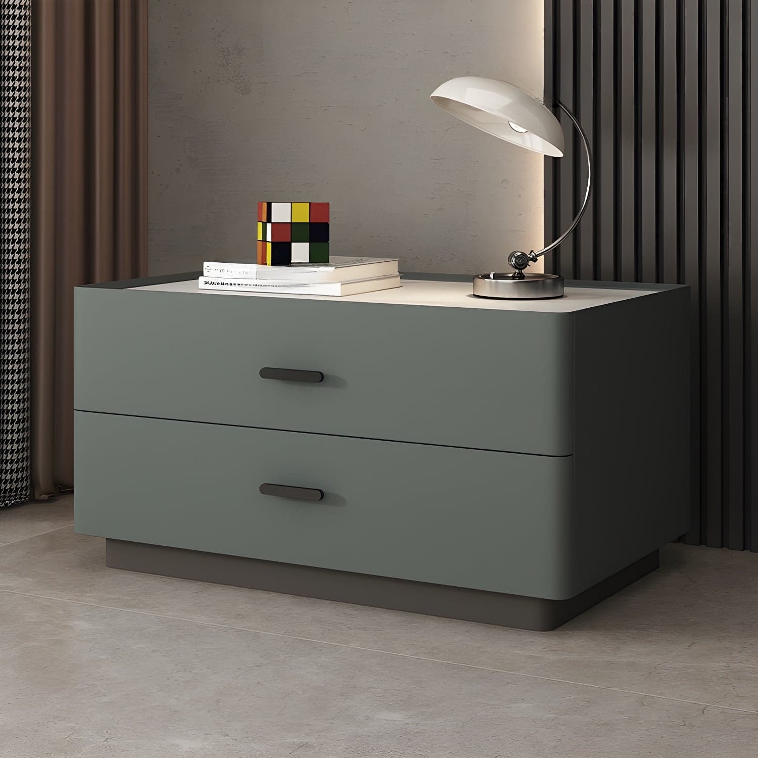 Elegant Two-Drawer Faux Leather Nightstand with Stone Countertop in Low Height for Modern Homes - image 4
