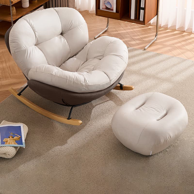 Chic Upholstered Small Rocking Chair in Natural Wood with Tufted Back and Stylish Modern Design
