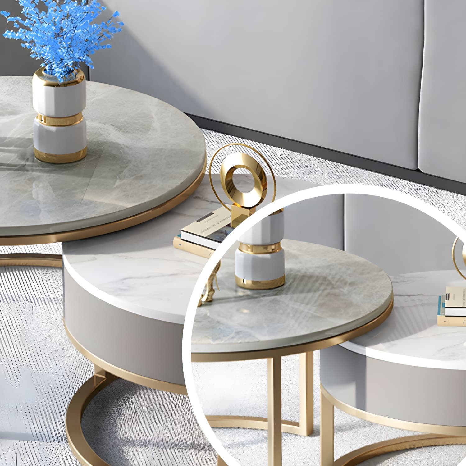 Slate Round Frame Coffee Table Modern Nesting Coffee Table Set with Drawer - image 12