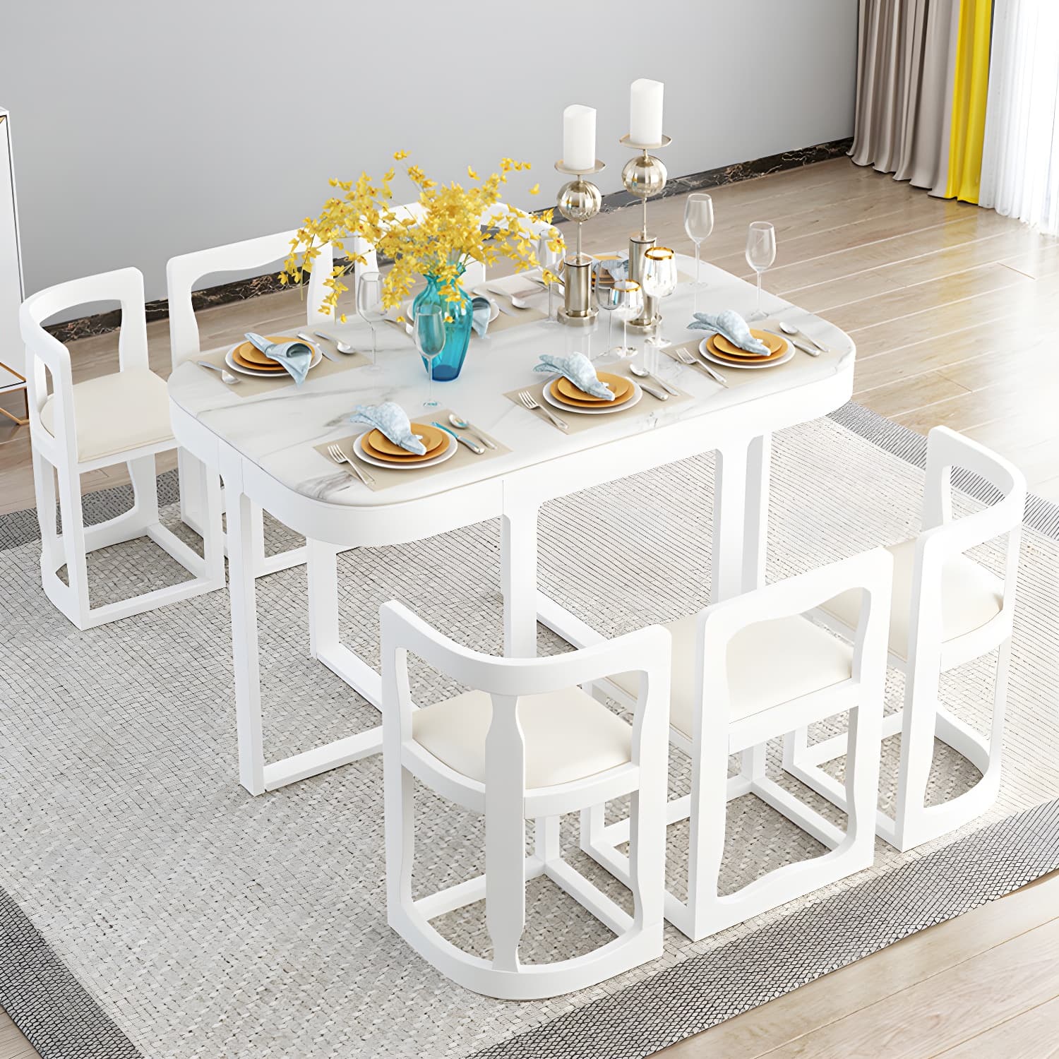 7-Piece Modern Wood Dining Set with Trestle Base and Upholstered Chairs in White - Seats 6 - image 17
