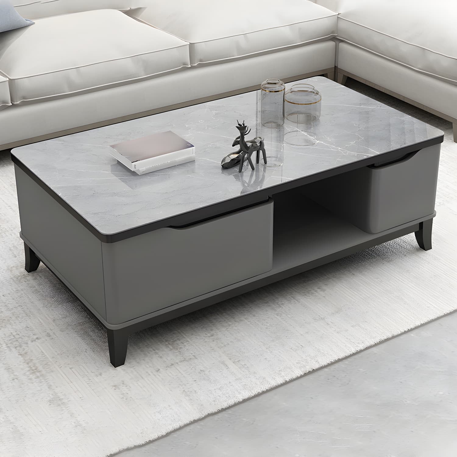 17.7 " Tall Contemporary Wood 4 Legs Glass/slate Rectangular Top Coffee Table with Drawers - image 3