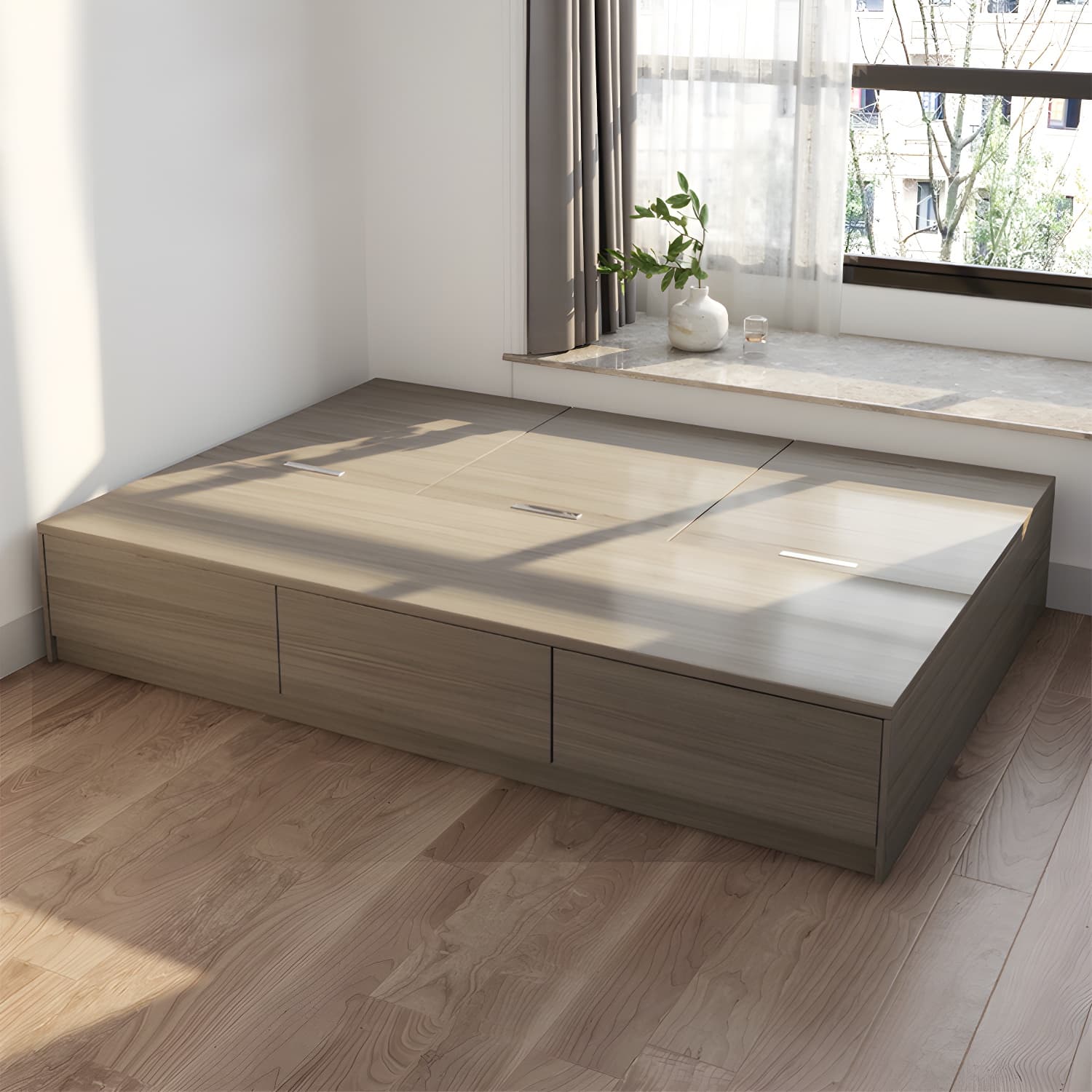 Light Brown Platform Bed Scandinavian 13.77" Tall Bed Frame with Storage Drawers - image 4