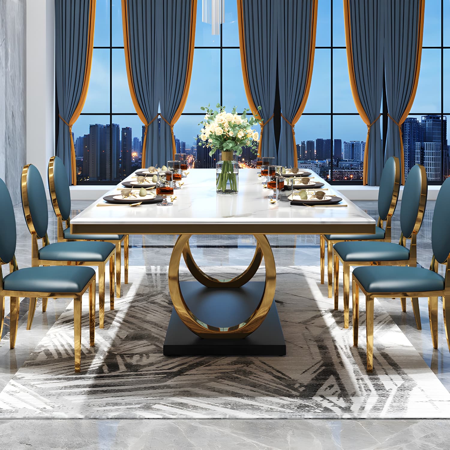 White Stone Top Table Luxury Rectangle Gold Base Dining Table - image 9